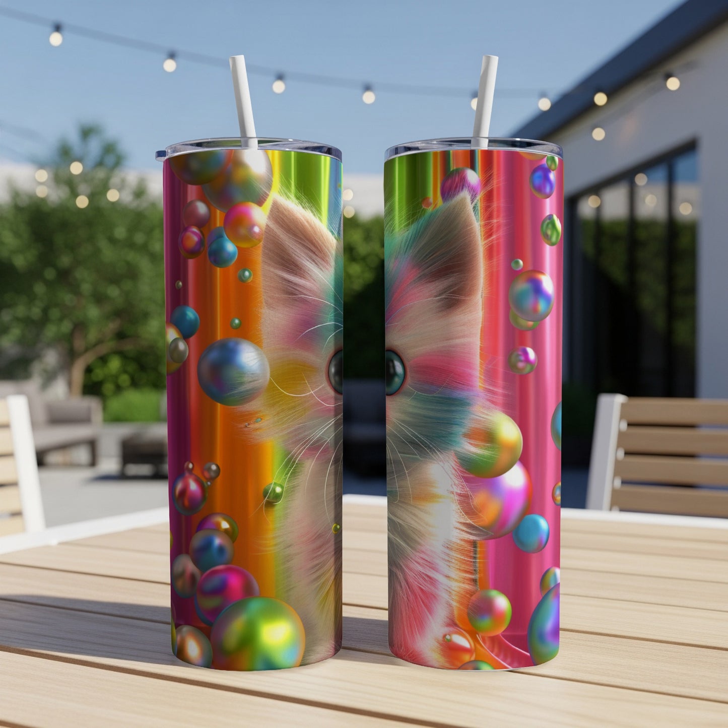 Two iridescent tumblers with a colorful kitten face and bubbles design.