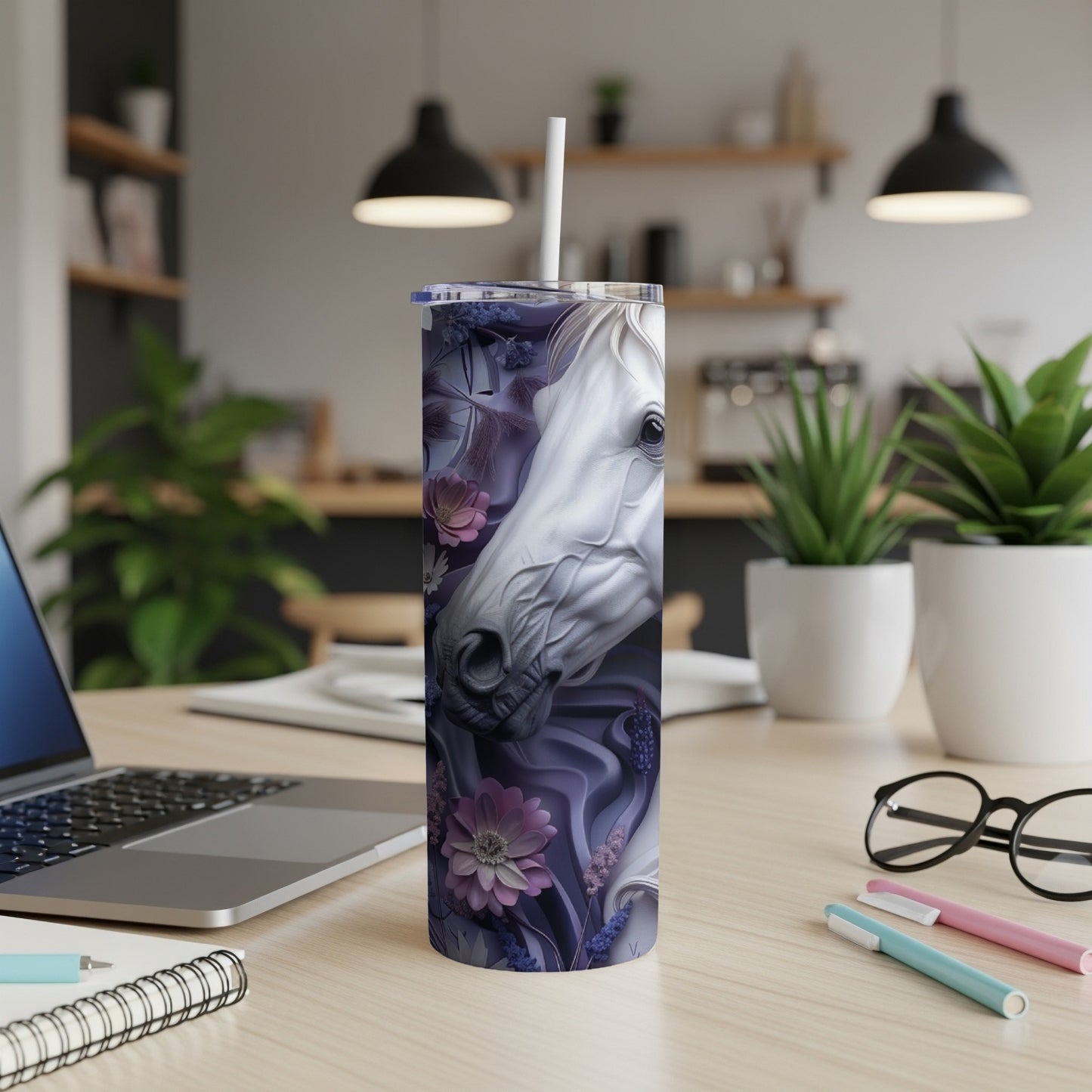 White horse head on a dark floral background on a tumbler.