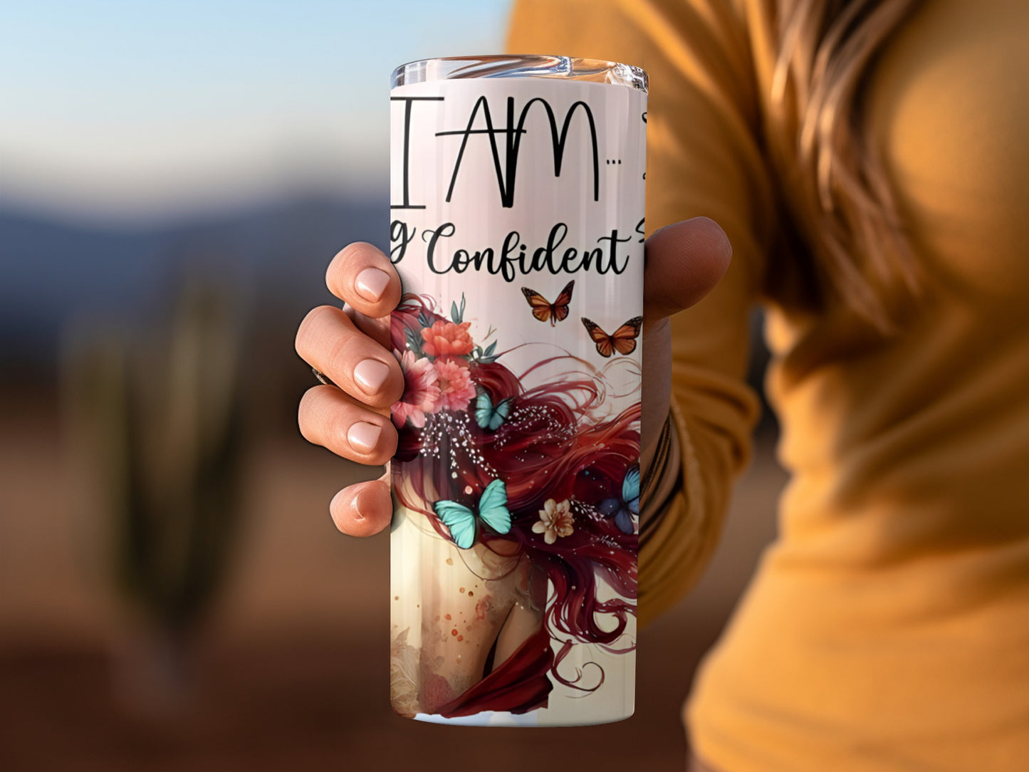 I Am Strong and Confident Floral and Butterfly Tumbler