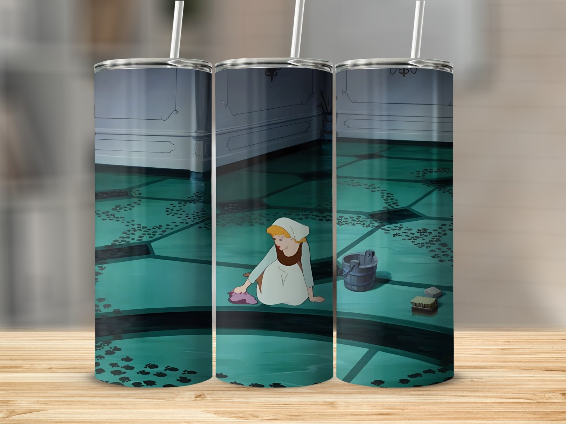 Fairytale Cleaning Scene Slim Tumbler Cup Design