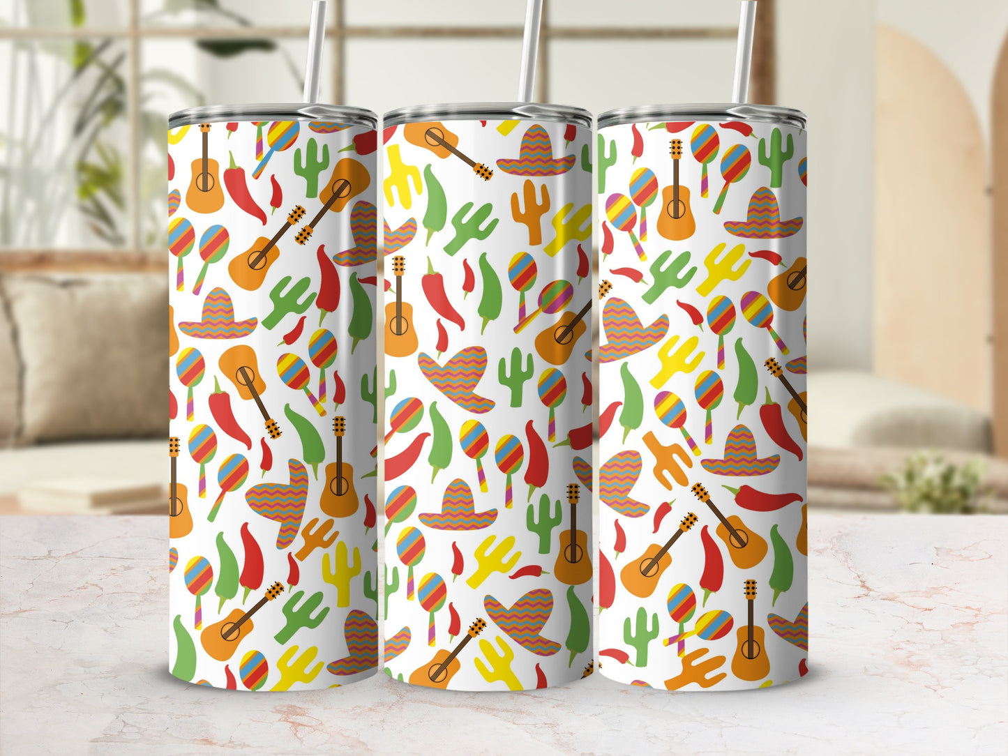 Three tumblers with a repeating pattern of Mexican-themed icons like guitars, sombreros, and cacti.