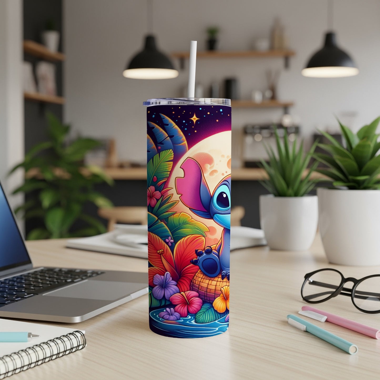 Stitch character on a colorful tropical island background on a tumbler.