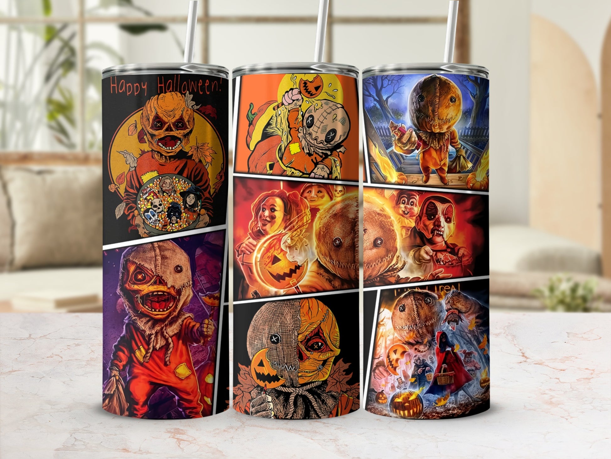 Halloween themed tumblers with creepy characters and pumpkins.