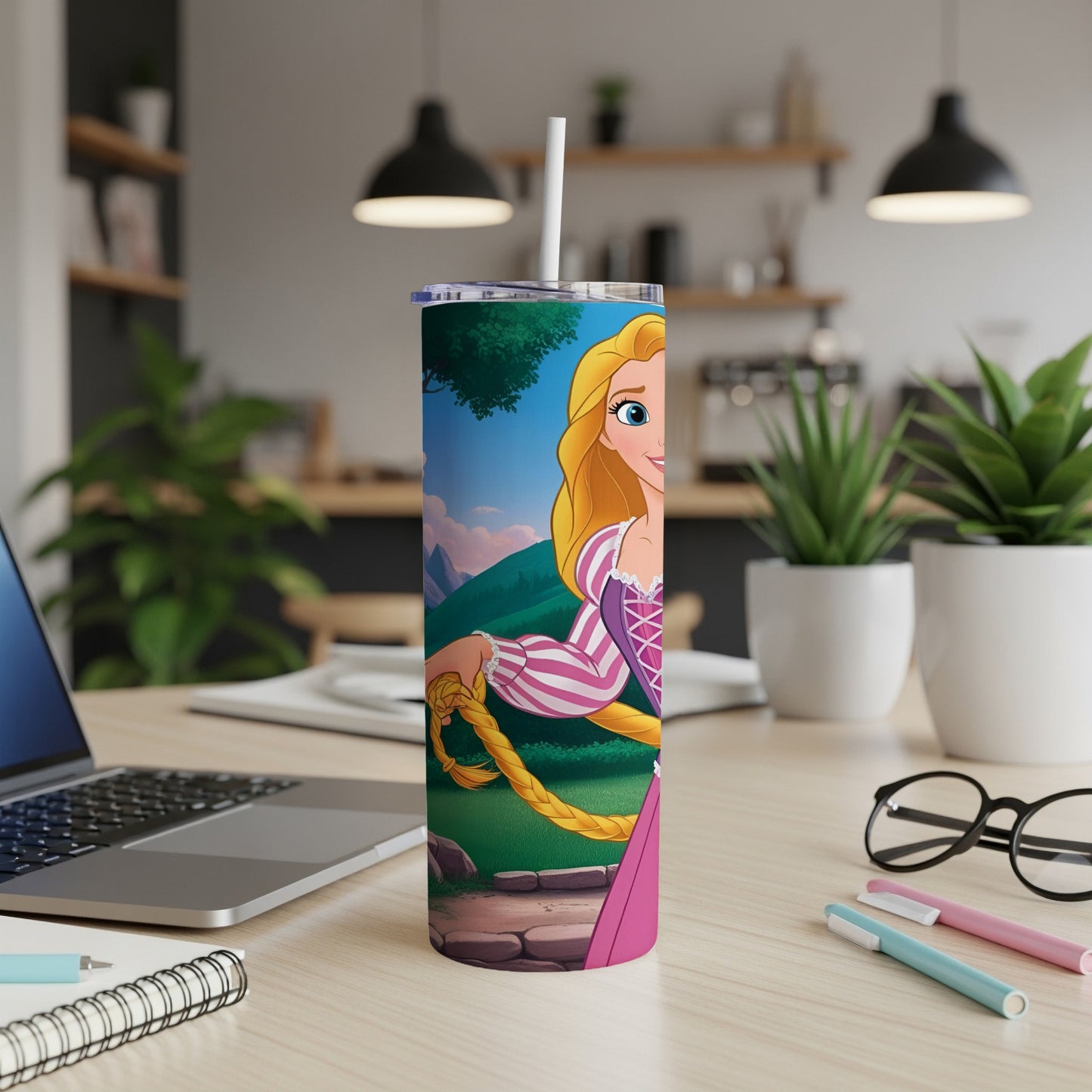 Rapunzel from Disney's Tangled on a skinny tumbler, placed on a desk.