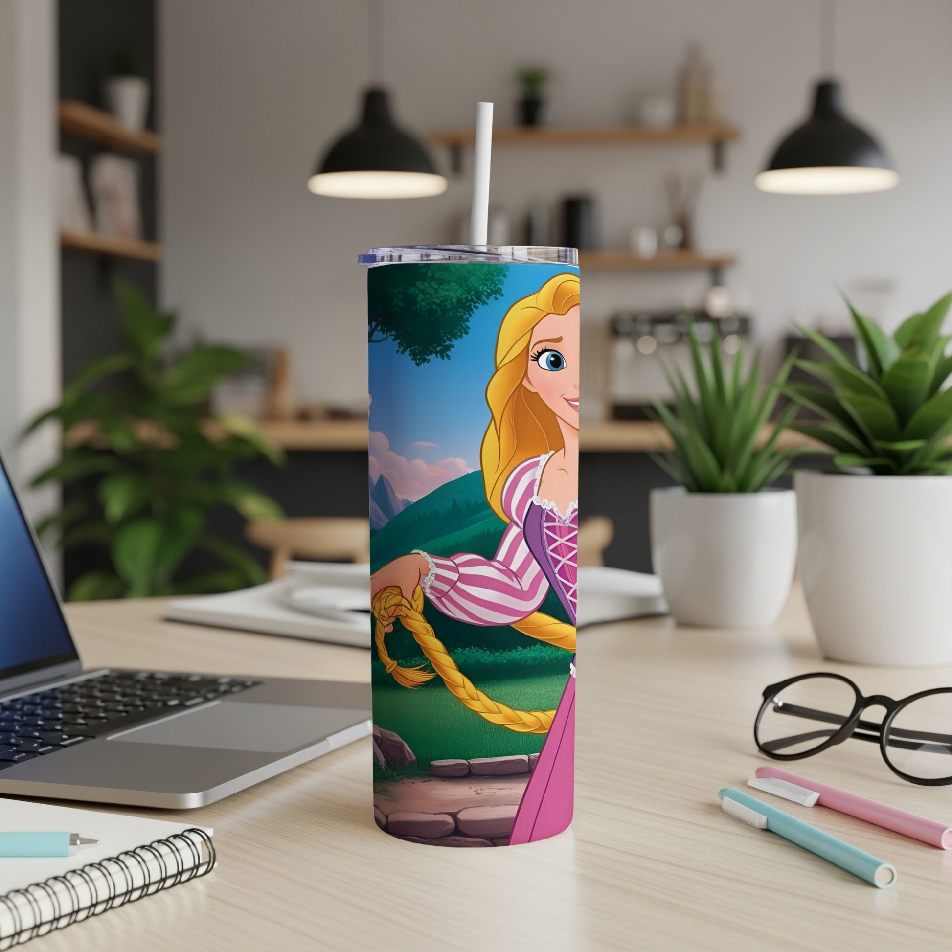 Rapunzel from Disney's Tangled on a skinny tumbler, placed on a desk.