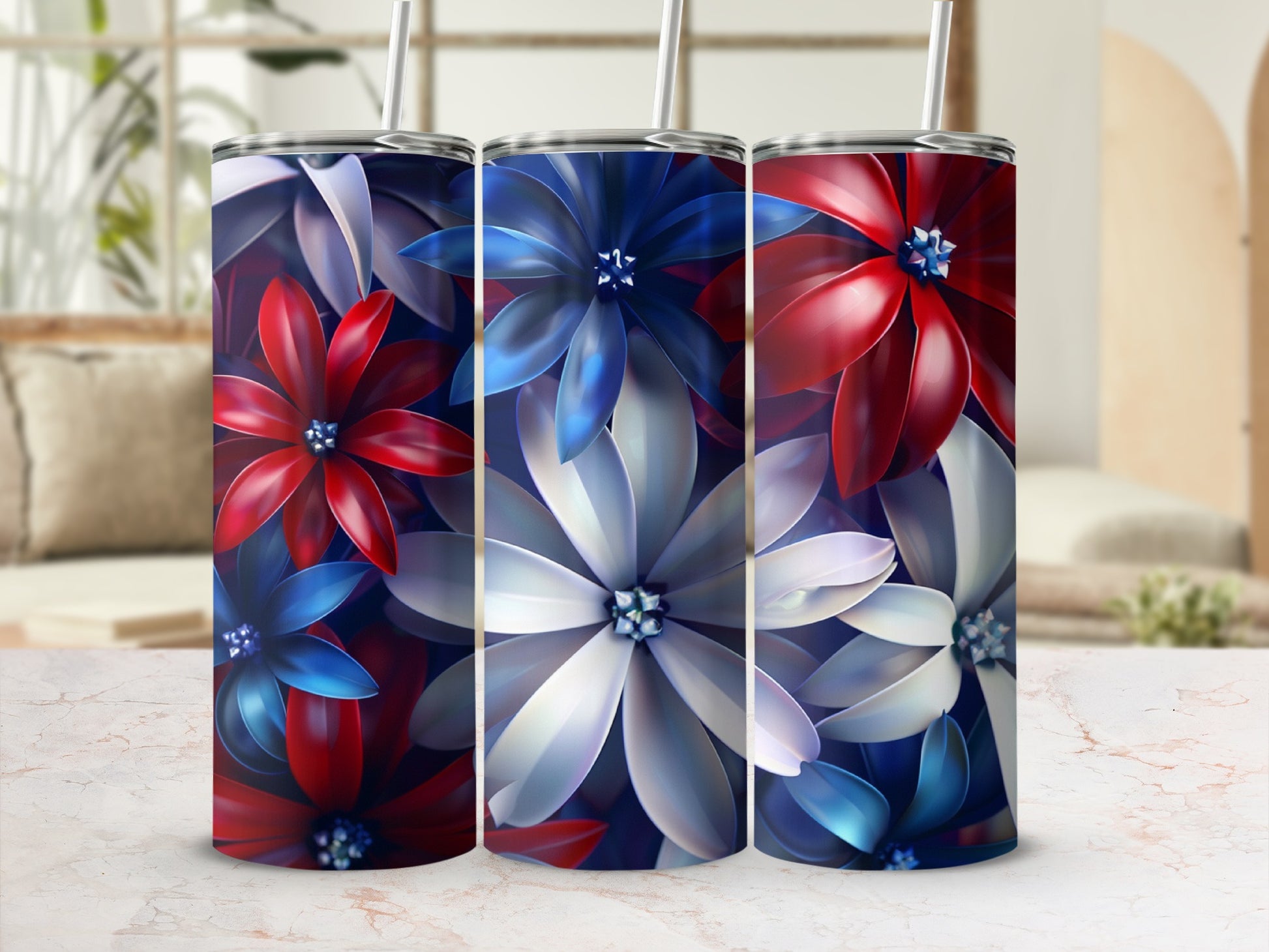 Three tumblers with red, white, and blue floral designs.