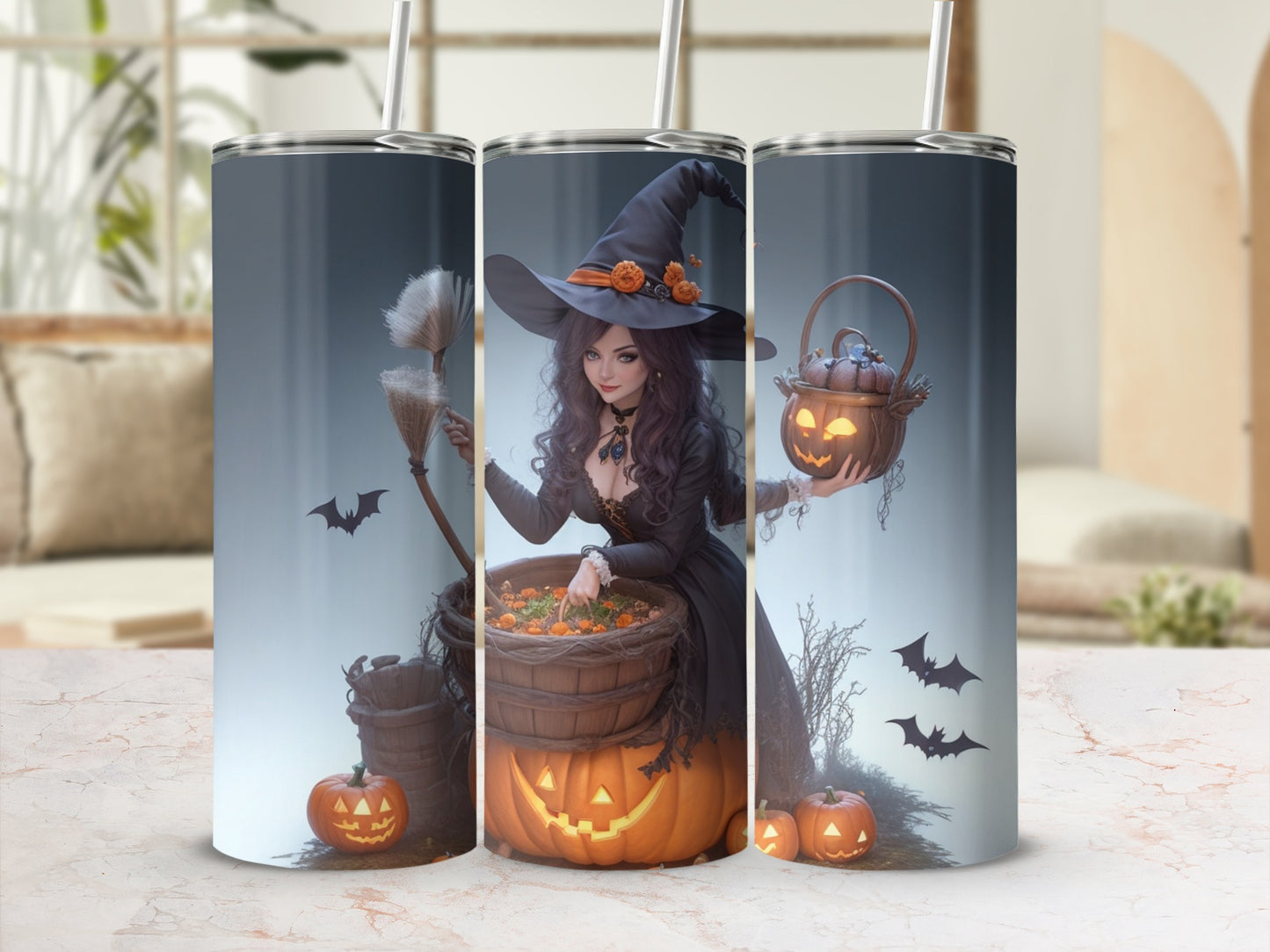 Halloween tumbler with witch, cauldron, pumpkins, and bats design.