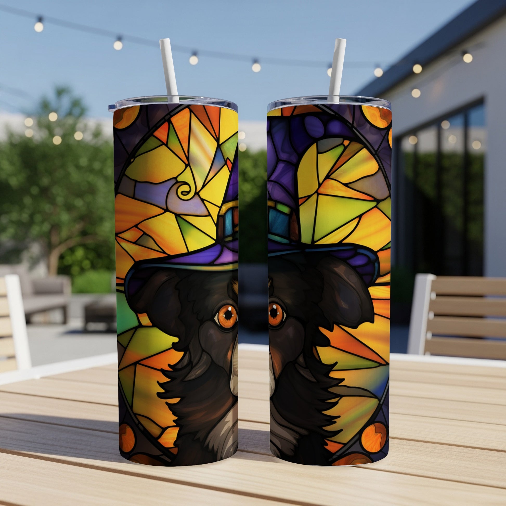 Two tumblers featuring a dog wearing a witch hat with a stained-glass design.
