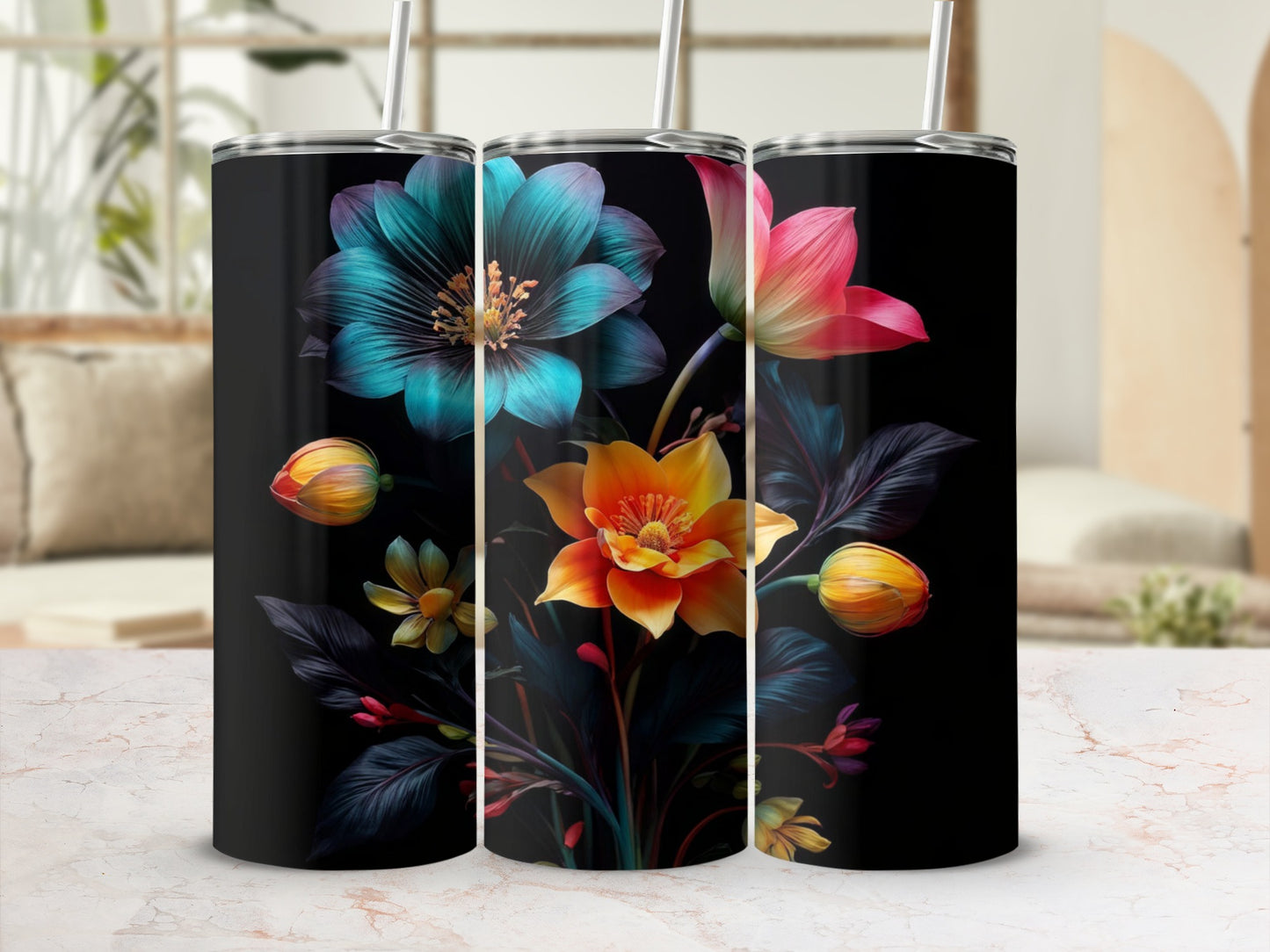 Black tumbler with vibrant floral design featuring teal, orange, and pink flowers.