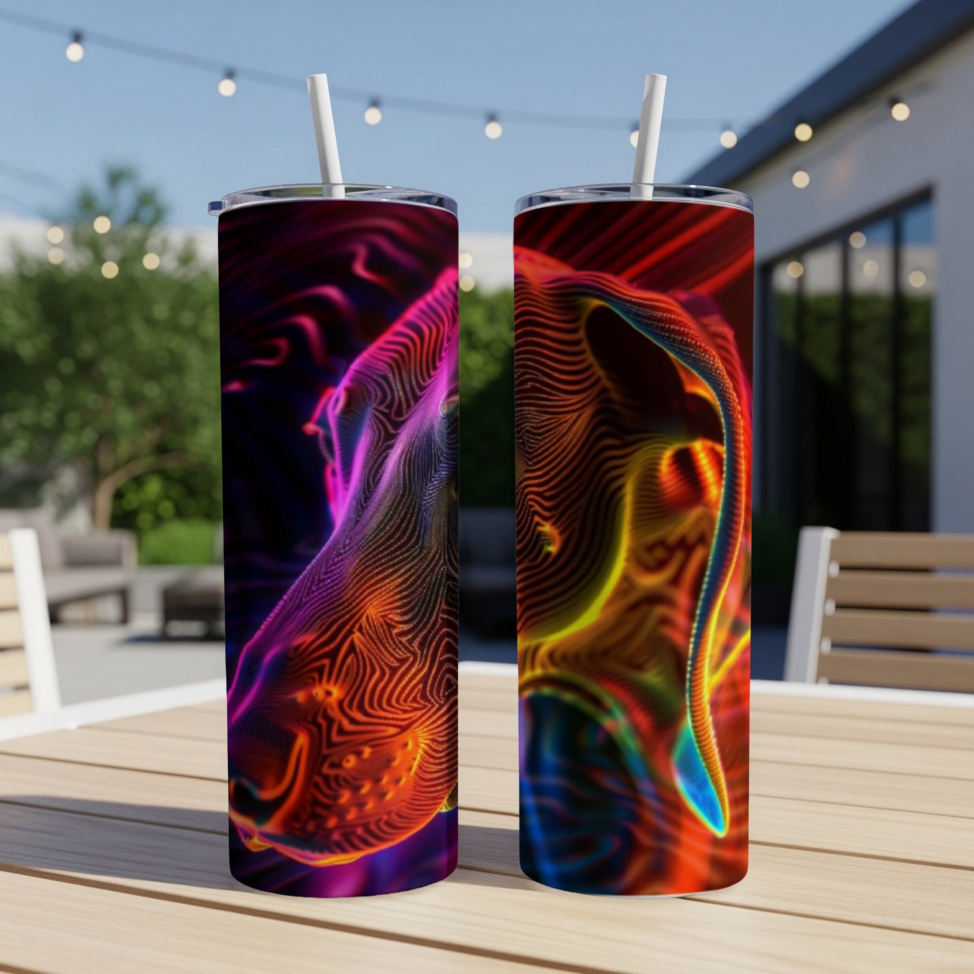 Two tall tumblers with colorful, abstract wavy patterns.