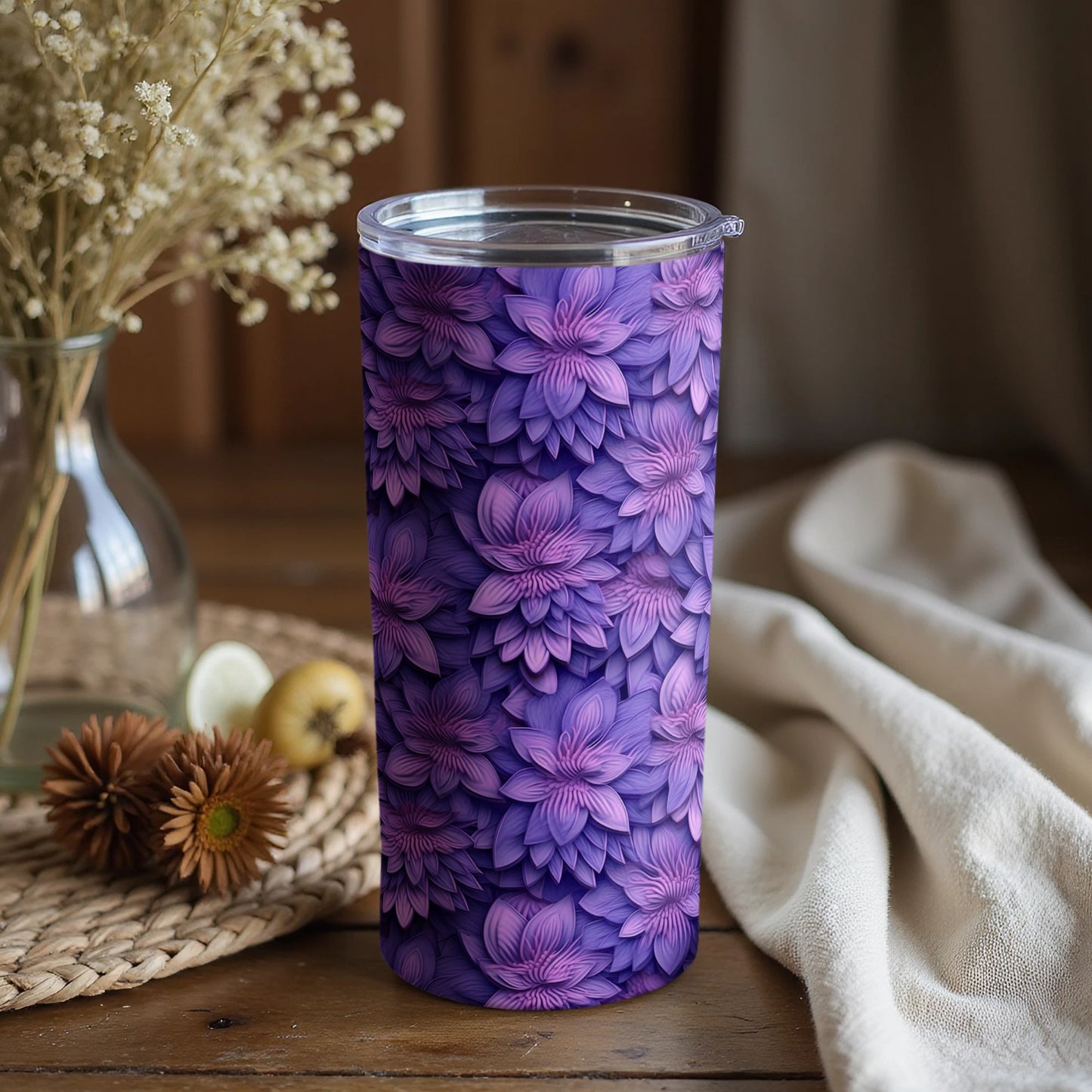 Purple Floral Pattern Insulated Drink Tumbler Cup