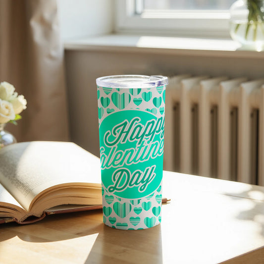 Happy Valentine's Day teal green travel mug