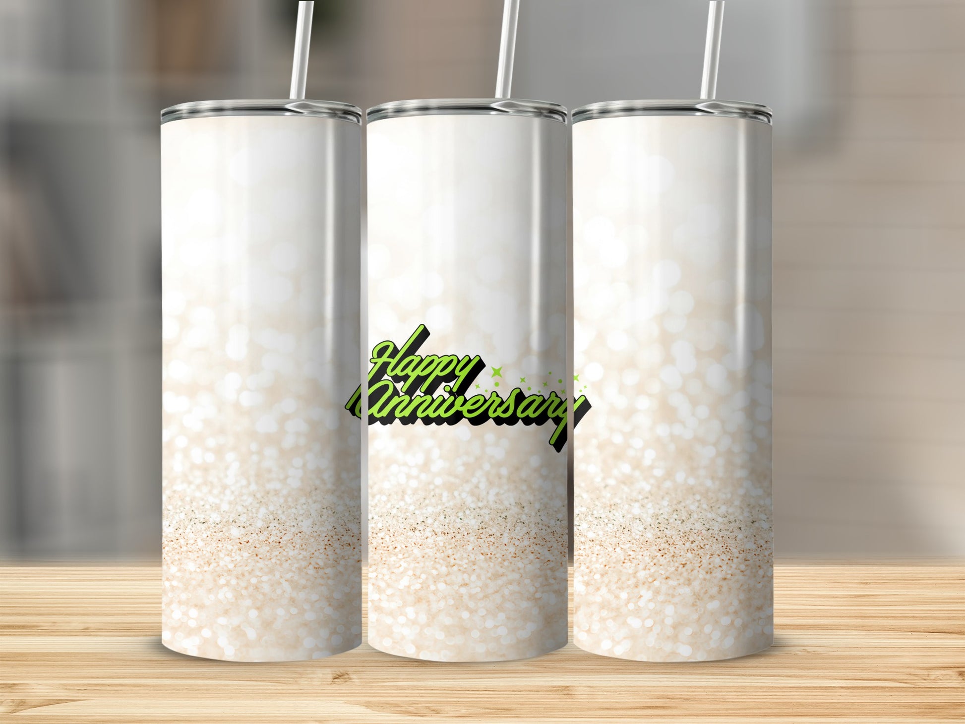 Three tumblers with a sparkly gradient and "Happy Anniversary" text.