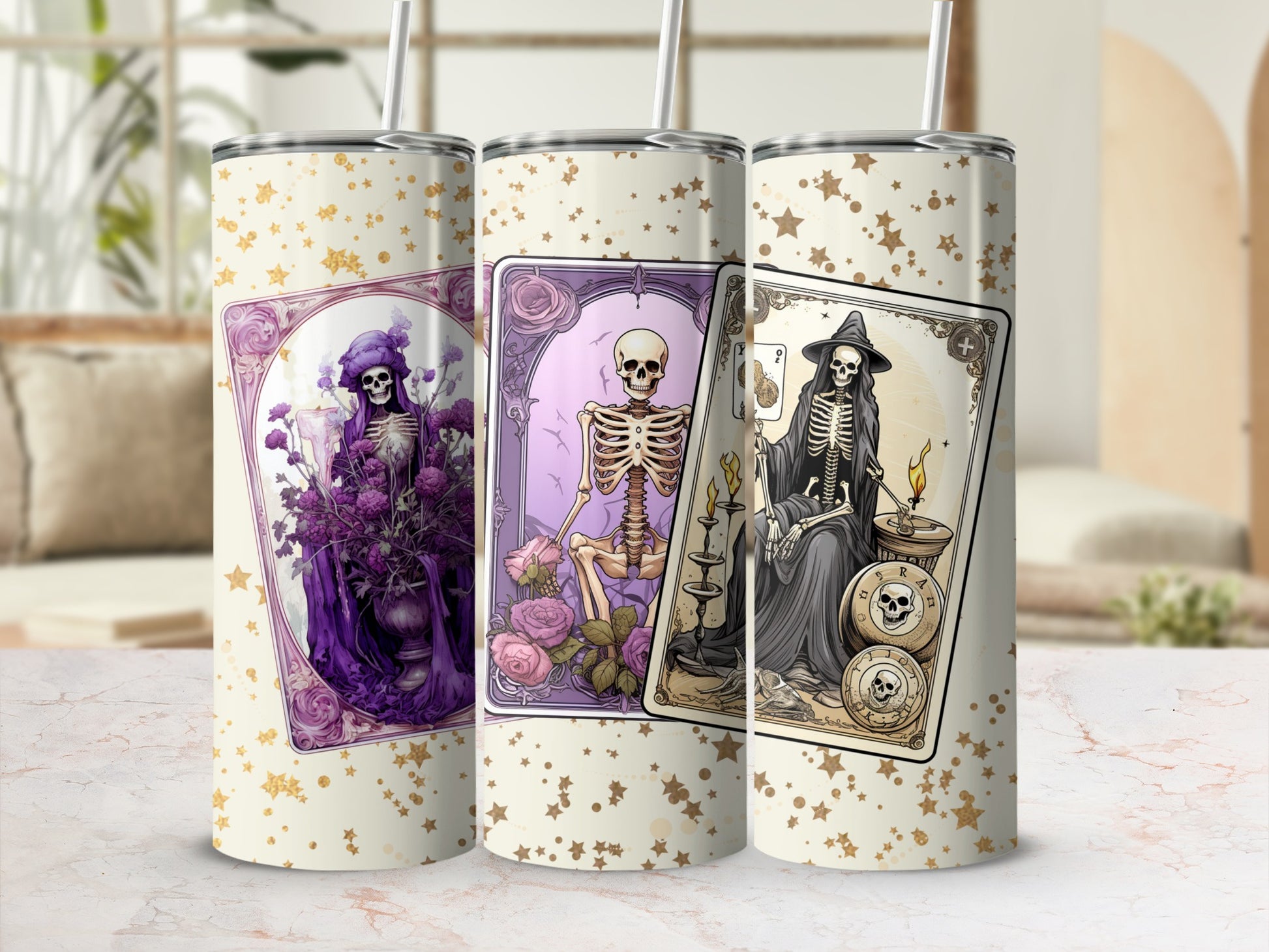 Tarot Skeleton Art Tumbler Cups Unique Halloween Decor