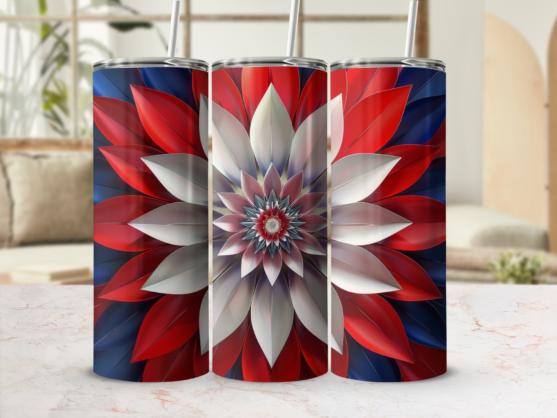 Three tumblers with a red, white, and blue floral fractal design.