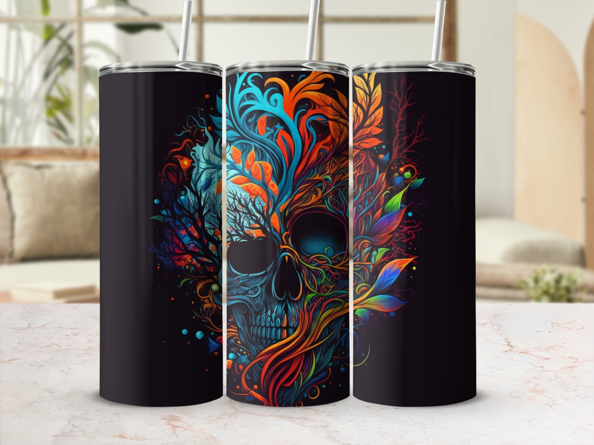 Colorful Skull with Floral Details Tumbler Cups