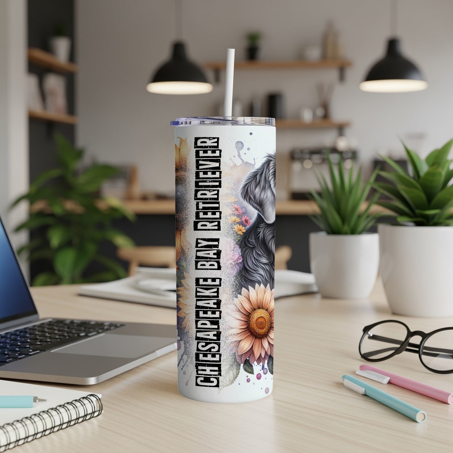 Tall tumbler with Chesapeake Bay Retriever and sunflowers graphic.