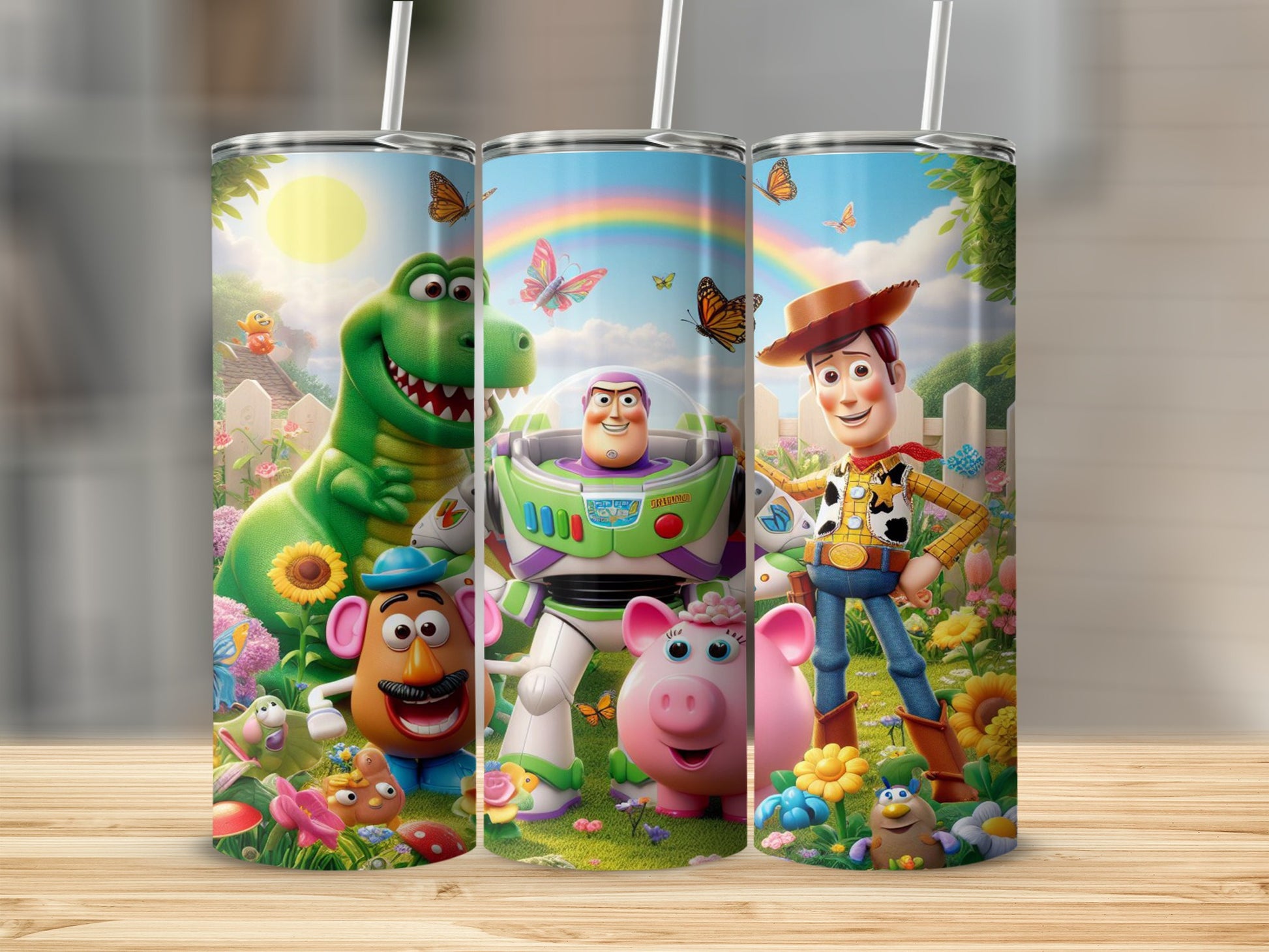 Toy Story characters Buzz Lightyear, Woody, Rex, and Mr. Potato Head in a sunny garden.