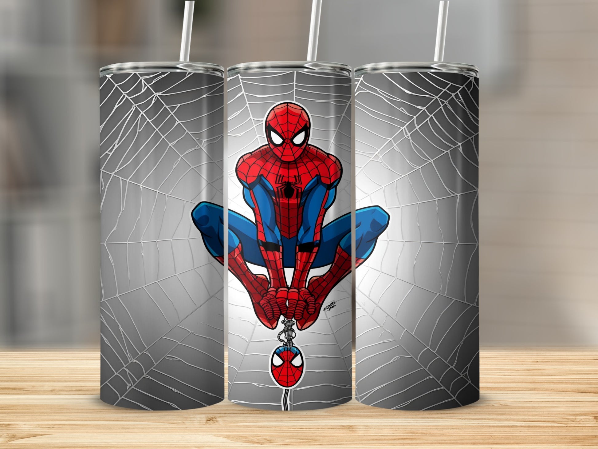 Spiderman crawling on a web against a gray background.