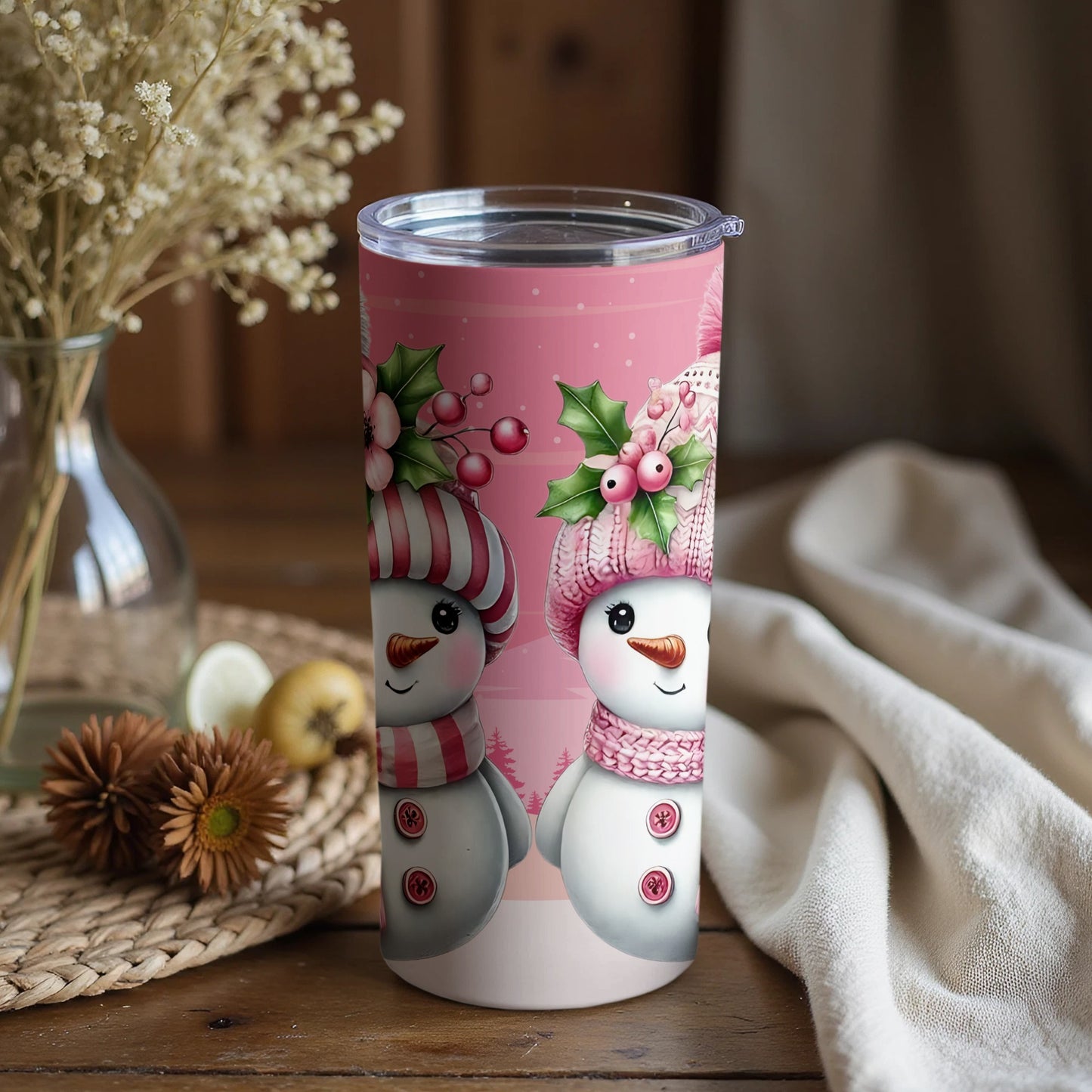 Festive Snowmen Holiday Travel Mug with Hat Design