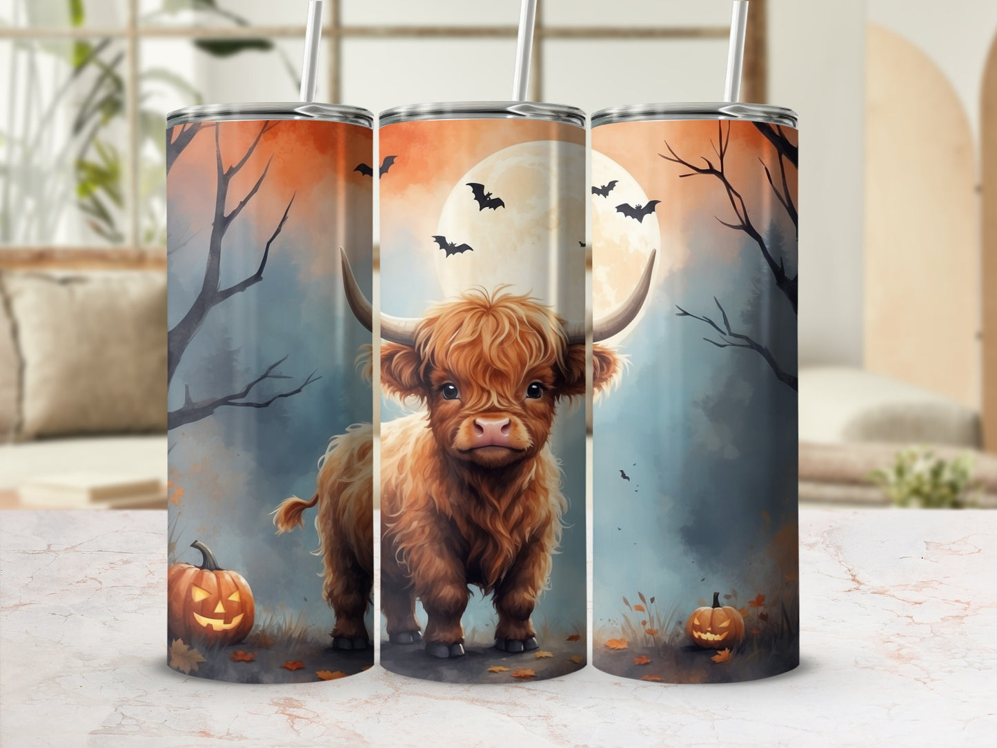 Highland cow with pumpkins and bats under a full moon.
