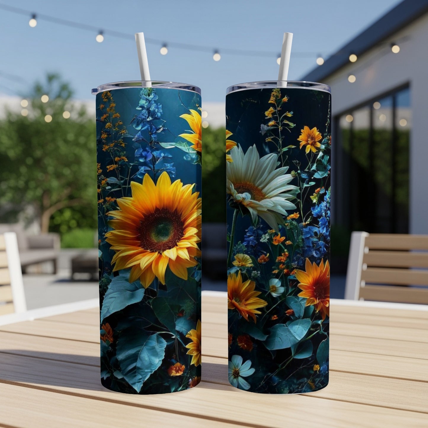 Two tumblers with sunflower and floral designs on a table.