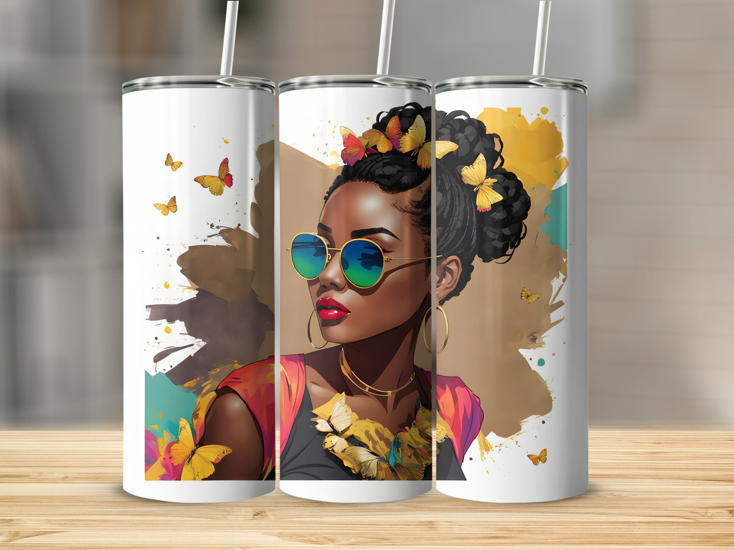 Woman with butterflies and colorful abstract background on a tumbler.