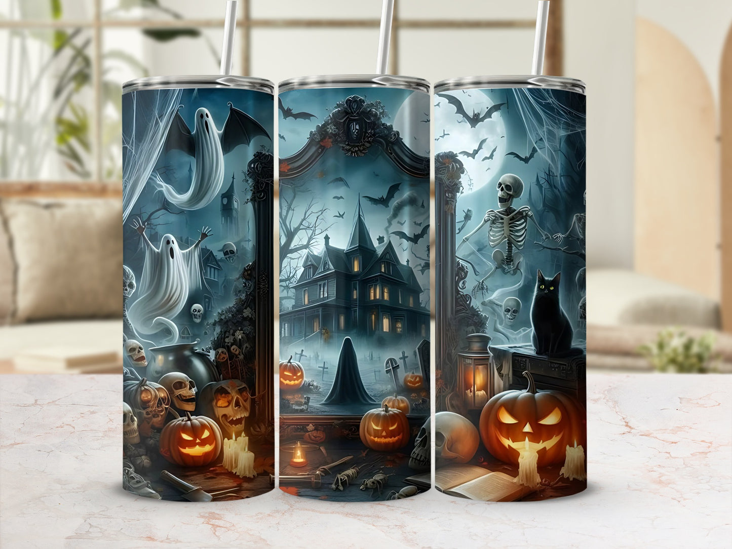 Three tumblers with a spooky Halloween scene featuring ghosts, haunted houses, bats, and pumpkins.