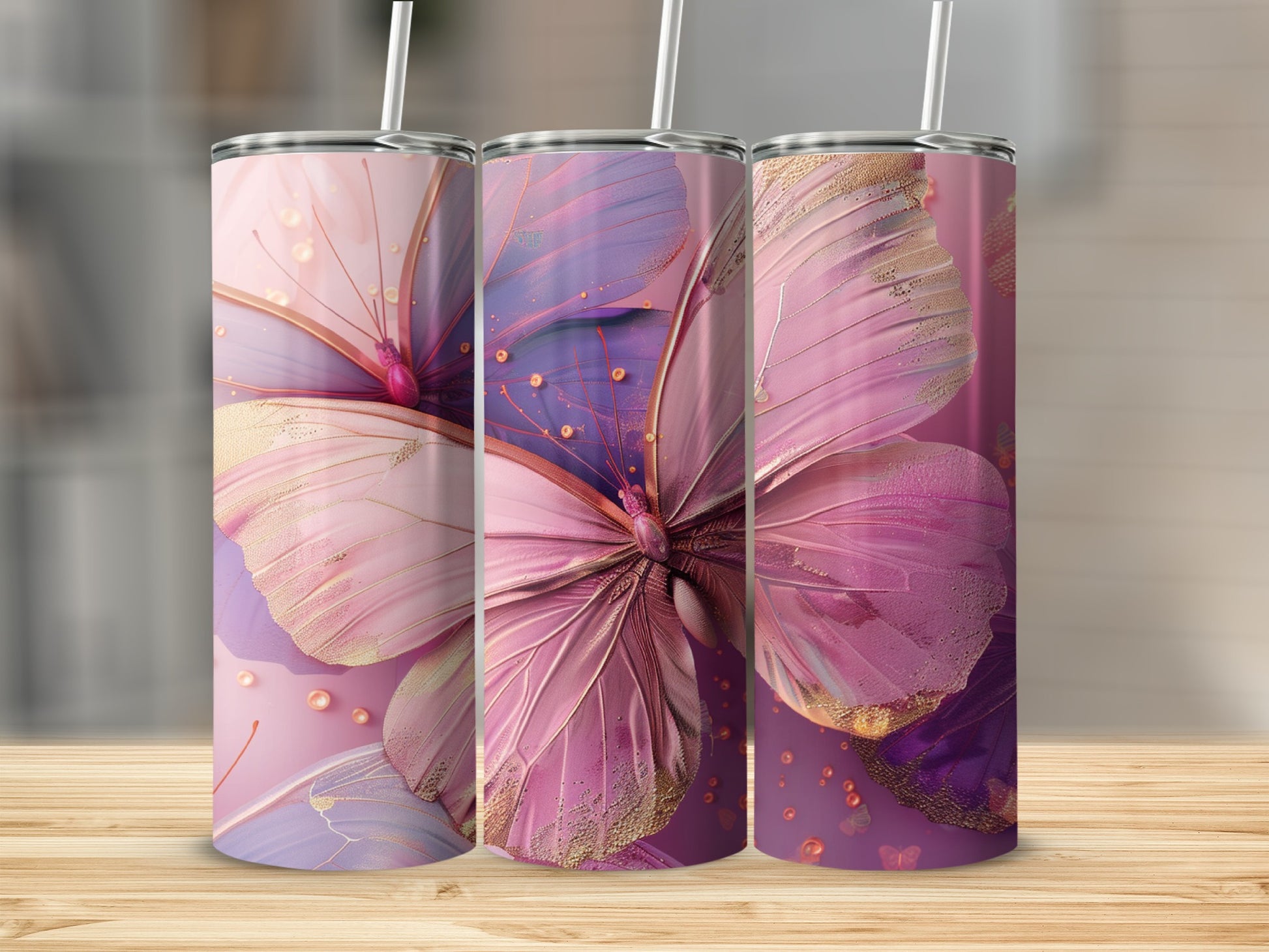 Three iridescent butterfly tumblers with pink and purple wings.