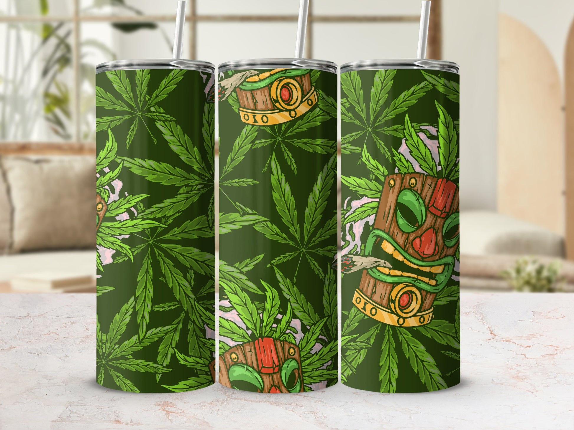 Green Leaf Tiki Head Design Tall Tumbler Cup