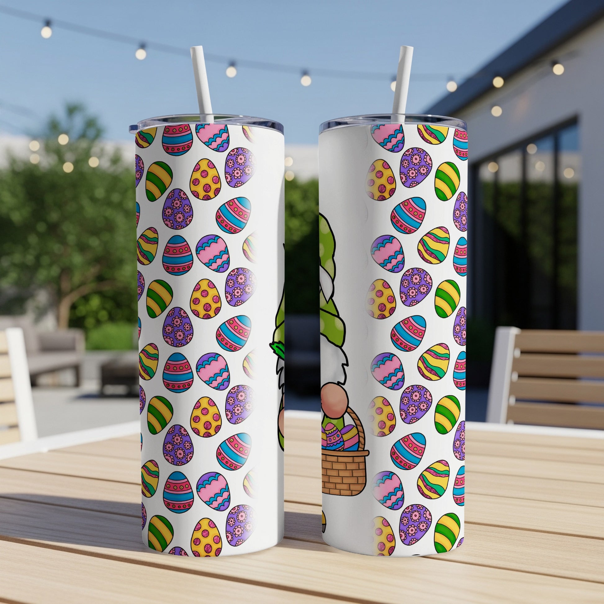 Two tumblers with a gnome and Easter eggs pattern.