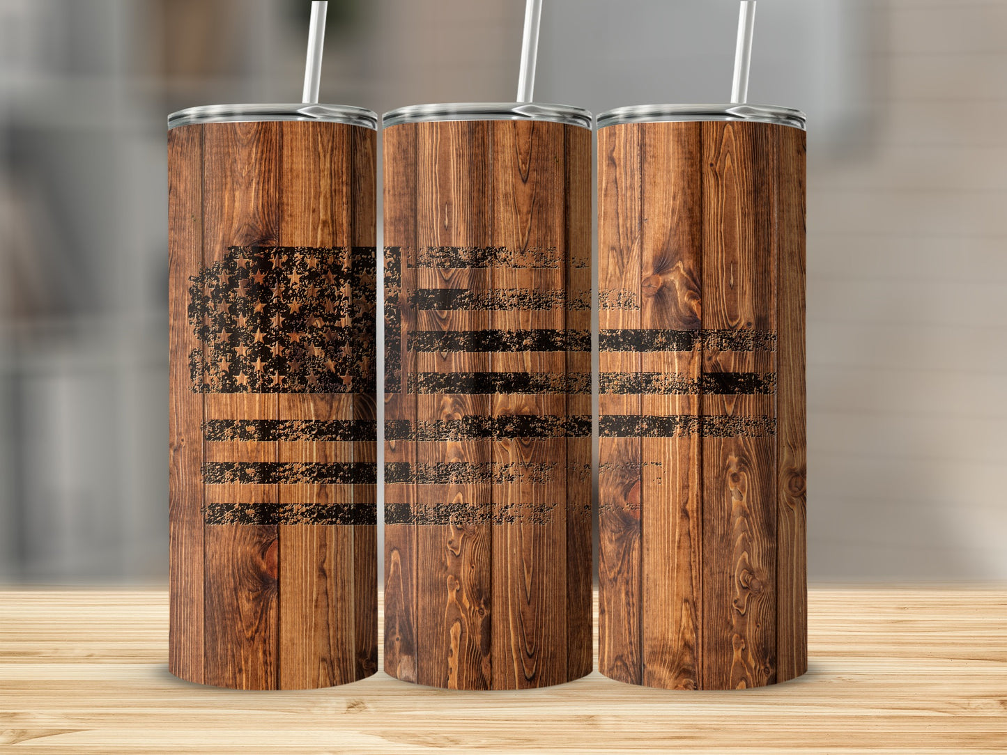 Three wooden tumblers with a distressed American flag design.
