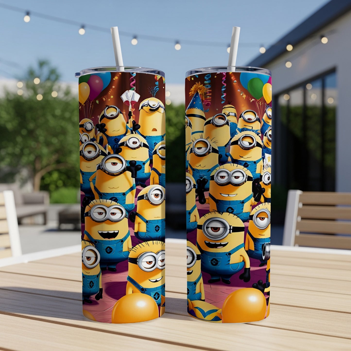 Two tall tumblers with Minions characters and confetti in a celebration scene.