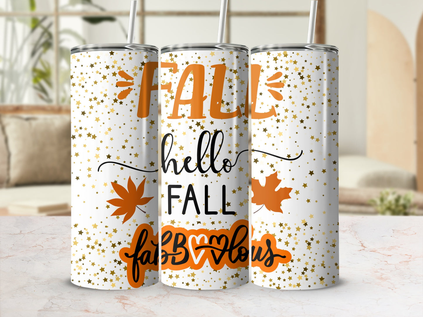 Fall Hello Fall Fabulous Tumbler with Stars and Leaves