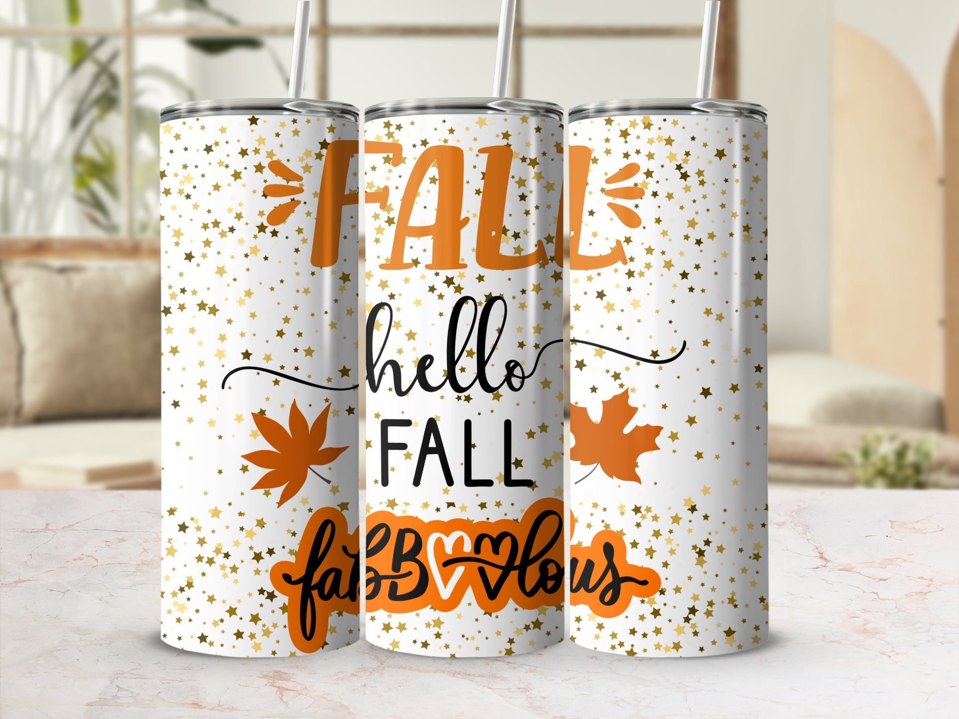 Fall Hello Fall Fabulous Tumbler with Stars and Leaves