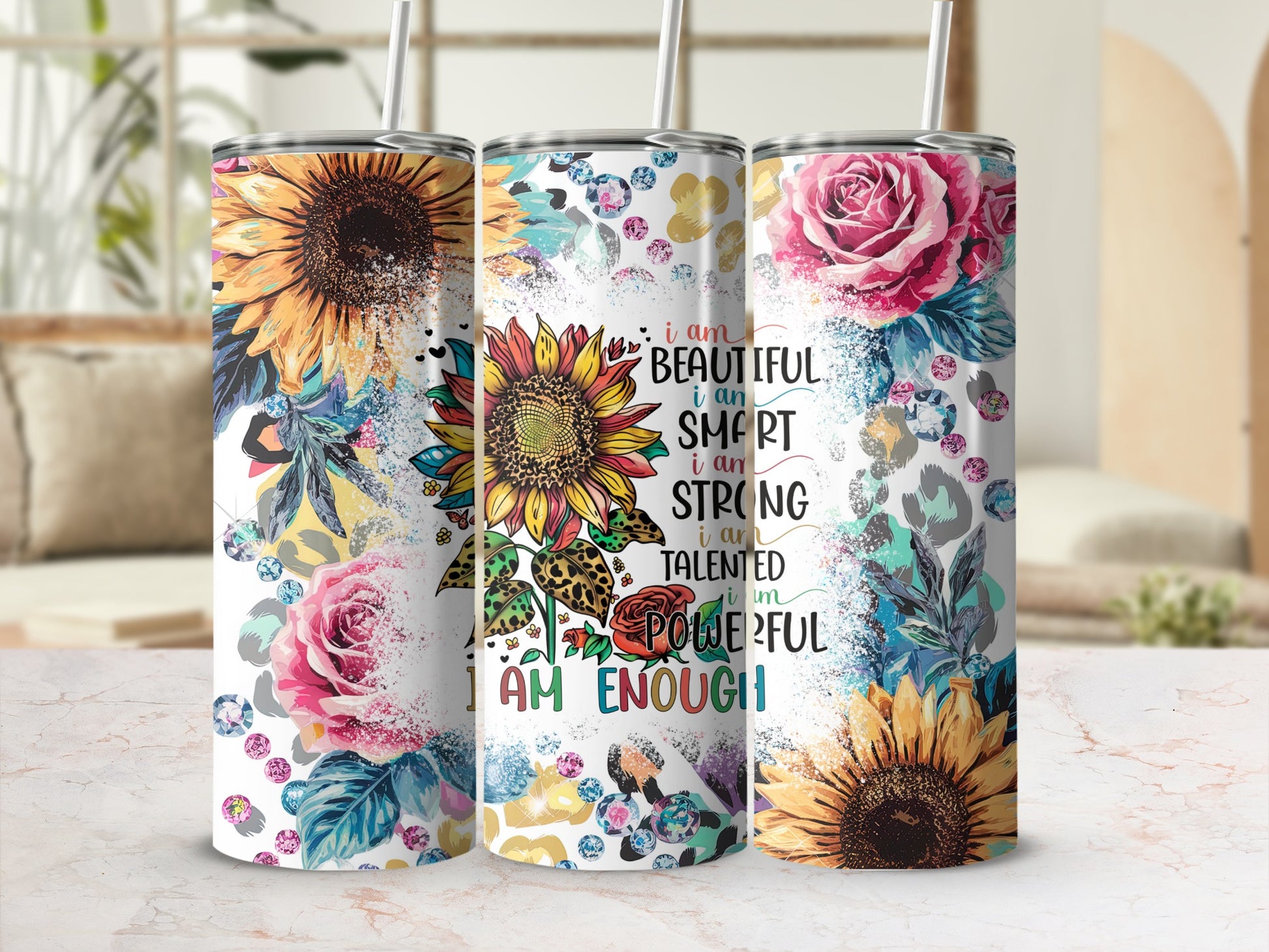 Floral and Inspirational Quote Tumbler with Straw