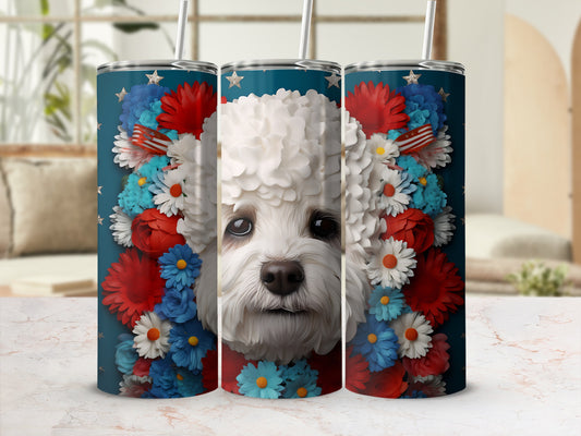 Bichon frise dog face surrounded by red, white, and blue flowers.