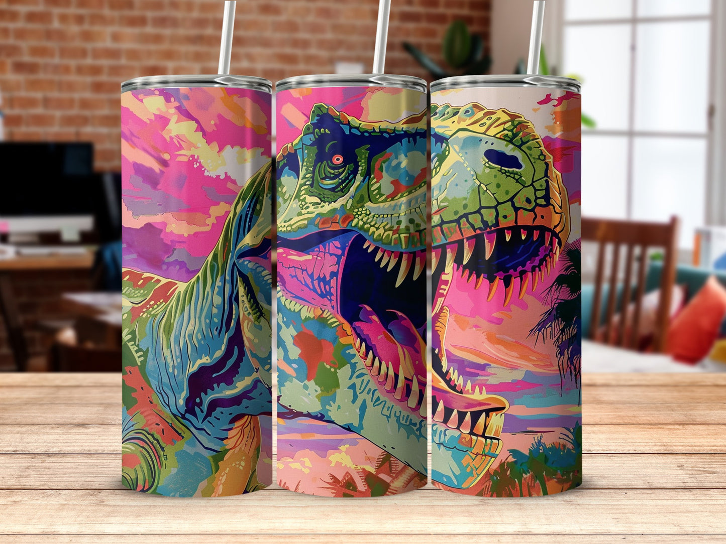 Aggressive Dinosaur Tumbler Neon Colors Tropical Sunset product type
Dinosaur, T Rex, Pop Art, Vibrant, Colorful, Neon, Artistic, Tumbler, Drinkware, Dino, Prehistoric, Jurassic, Fierce, Sunset, Tropical, Pink, Green, Blue, Multicolor, Bold Design
