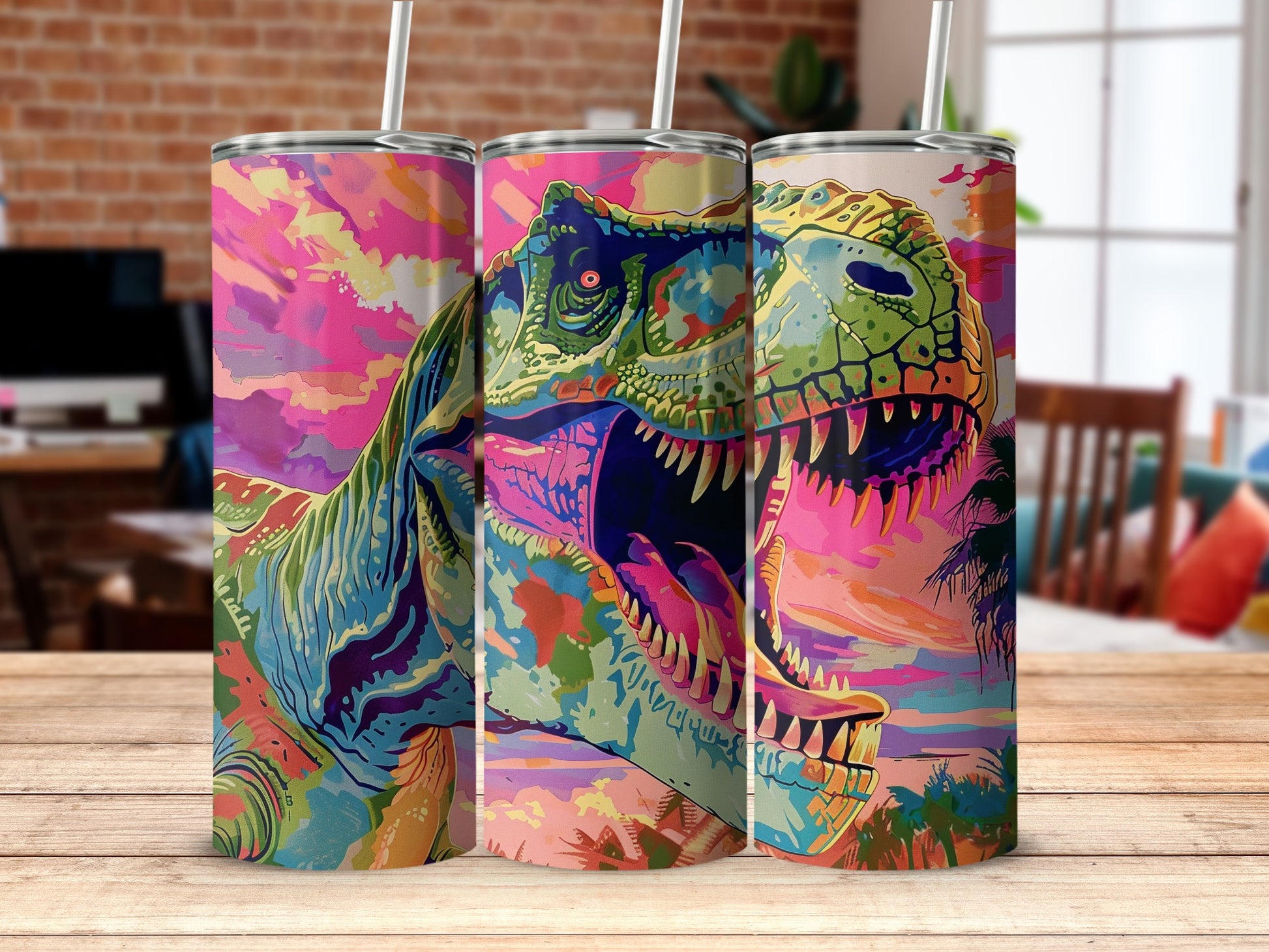 Aggressive Dinosaur Tumbler Neon Colors Tropical Sunset product type
Dinosaur, T Rex, Pop Art, Vibrant, Colorful, Neon, Artistic, Tumbler, Drinkware, Dino, Prehistoric, Jurassic, Fierce, Sunset, Tropical, Pink, Green, Blue, Multicolor, Bold Design