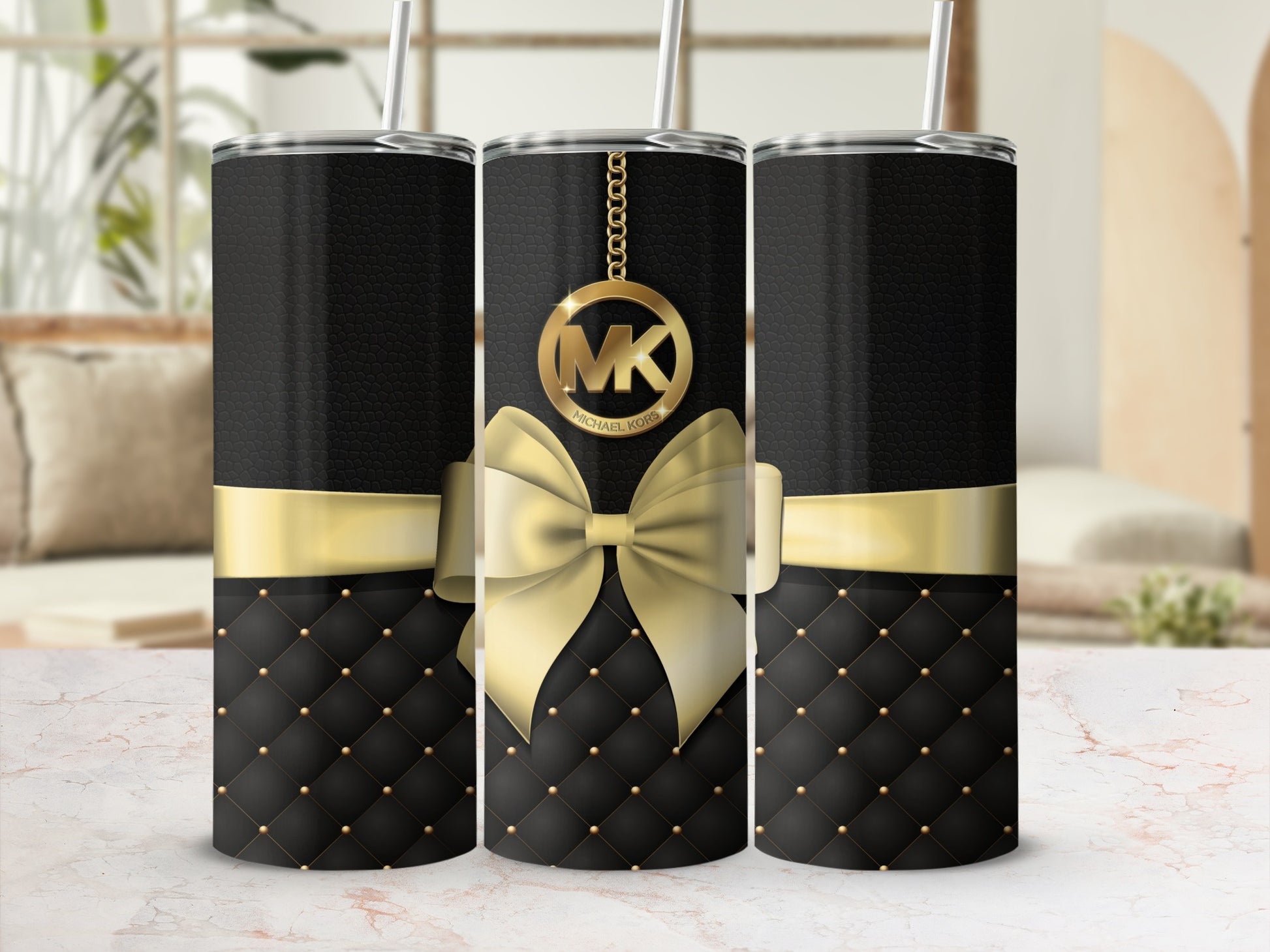 Elegant Black and Gold Quilted Tumbler with Bow Design