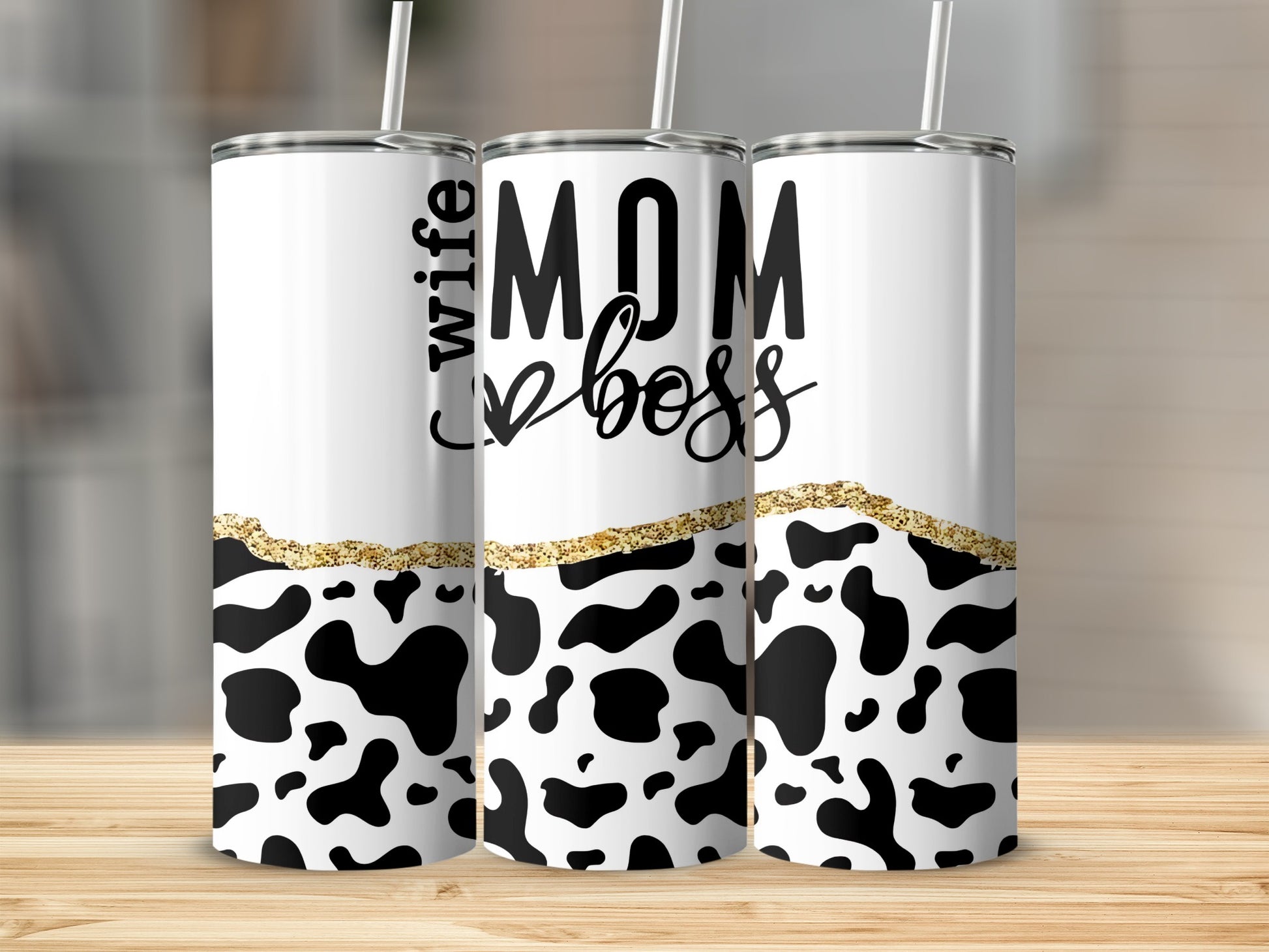 Mom Boss Wife Cow Print Black White and Gold Tumbler