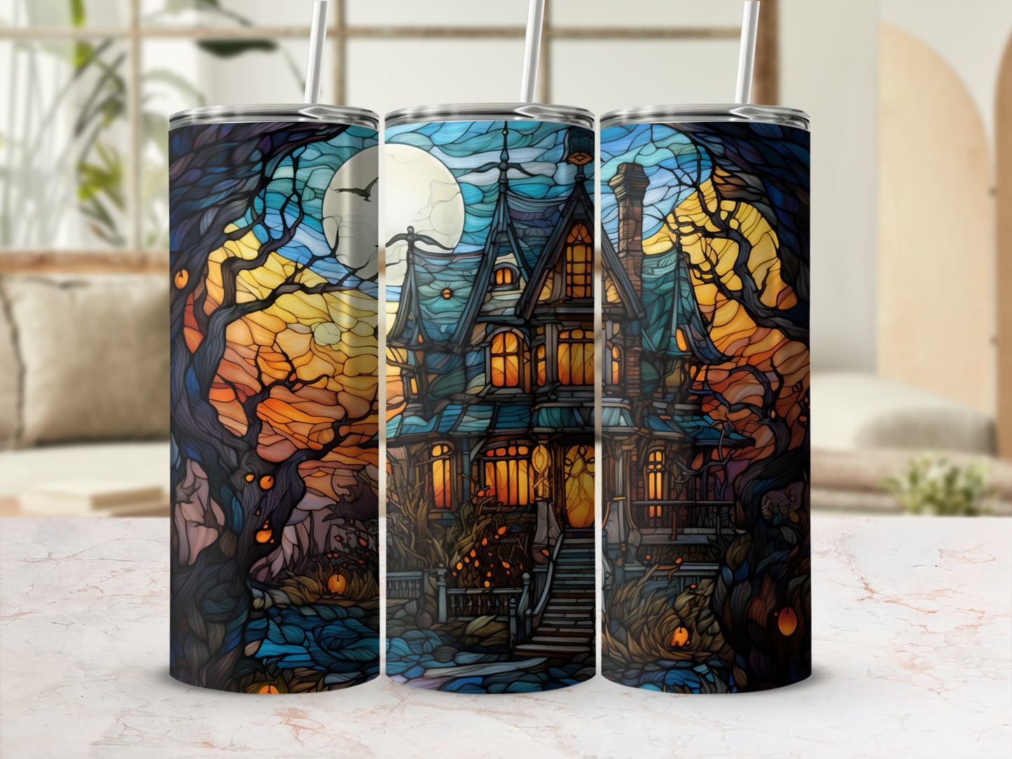 Spooky haunted house with trees under a full moon.