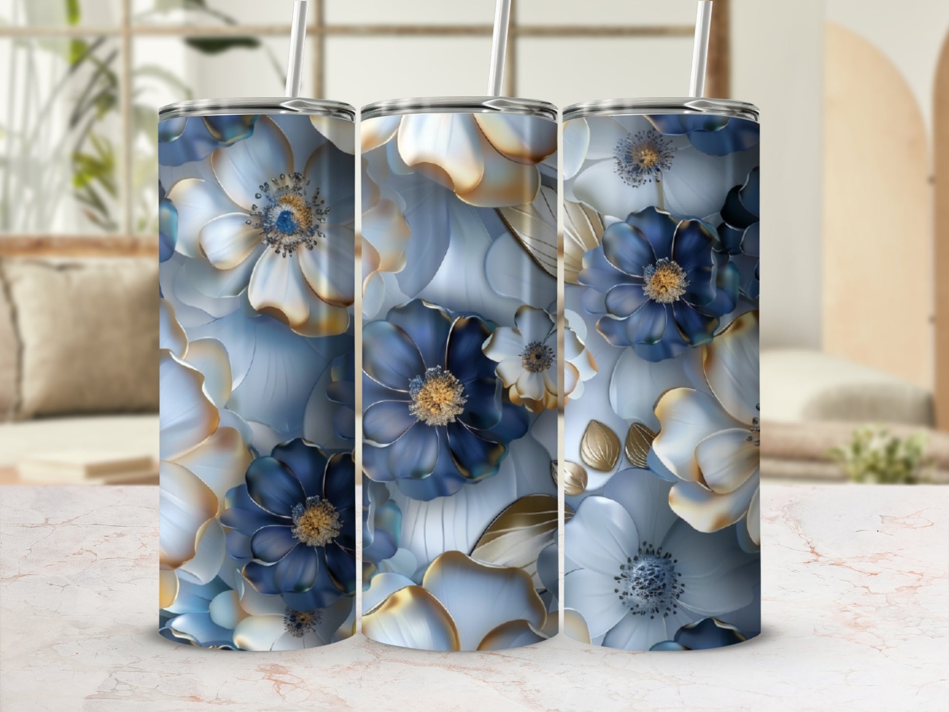Floral pattern tumbler with blue and white flowers.