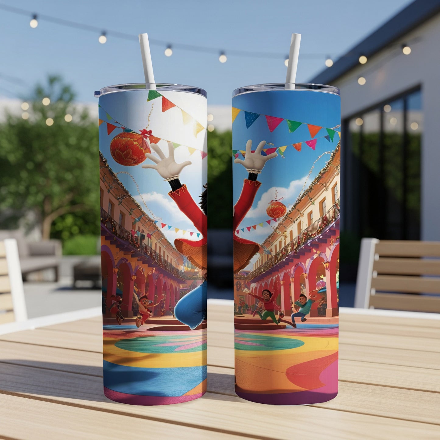 Two tumblers displaying a cartoon character in a colorful, festive street scene.