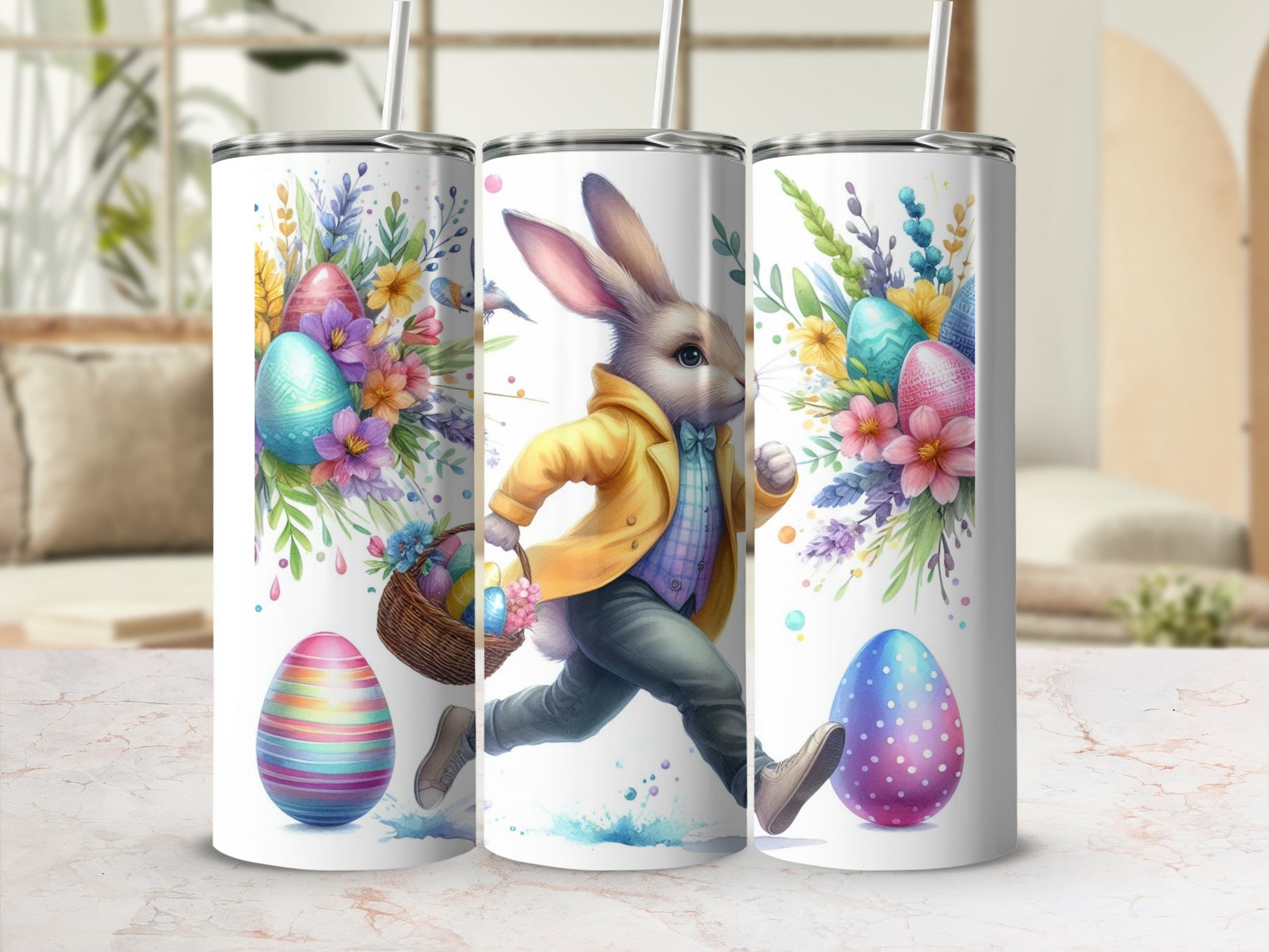 Easter bunny with basket and colorful eggs, watercolor style.