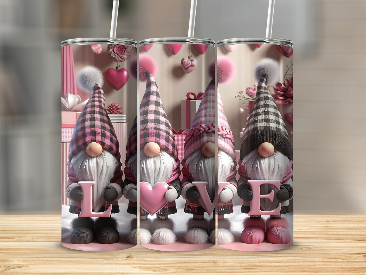 Four gnomes holding "LOVE" letters against a pink Valentine's Day background.