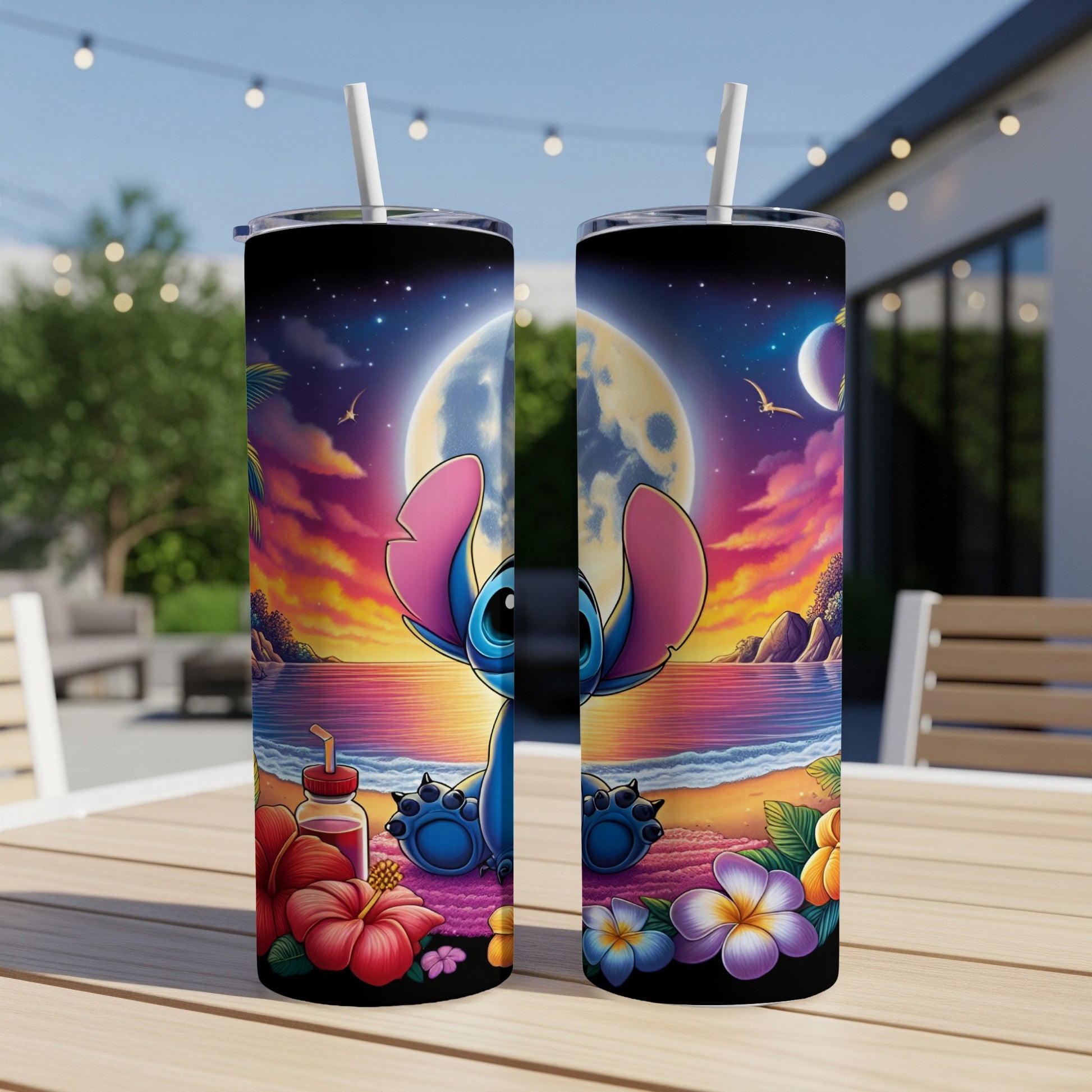 Stitch tumbler with tropical flowers and moonlit beach scene.