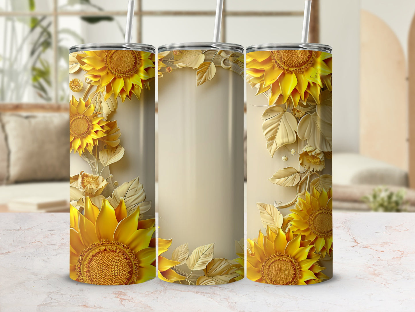 Three tall tumblers decorated with sunflowers and golden leaves.