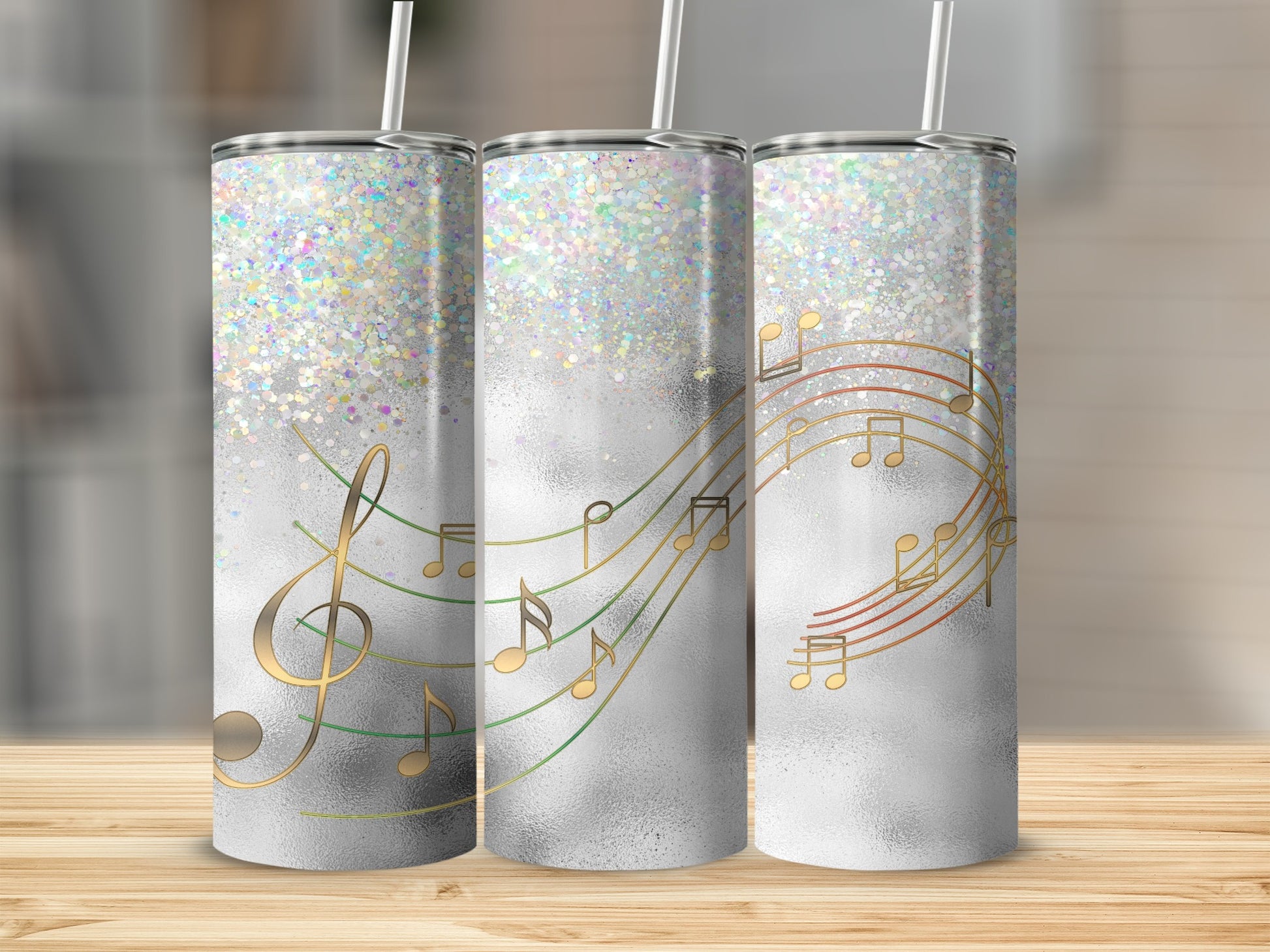 Holographic Glitter Silver Musical Notes Tumbler product type