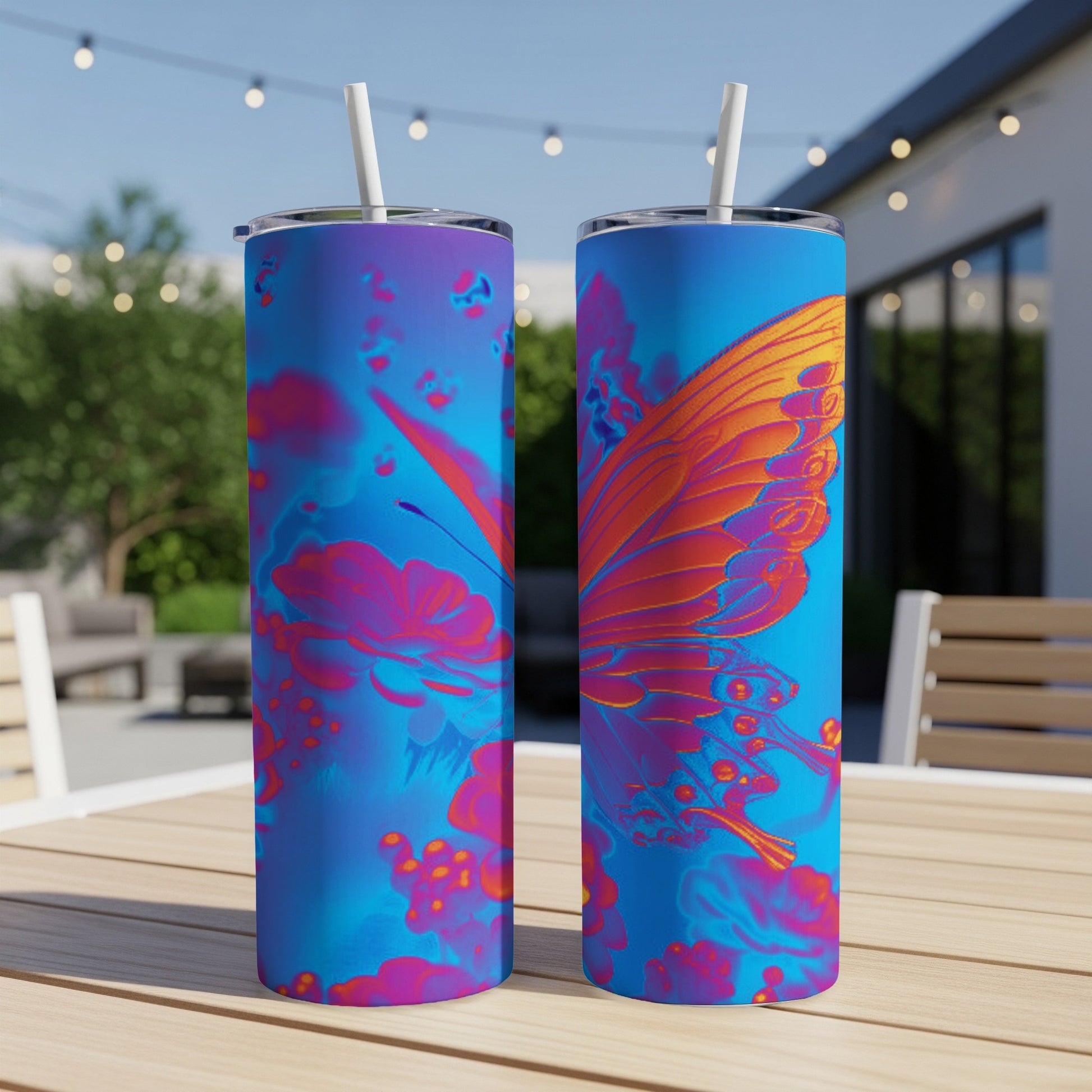 Two blue tumblers with vibrant orange butterfly designs on an outdoor table.